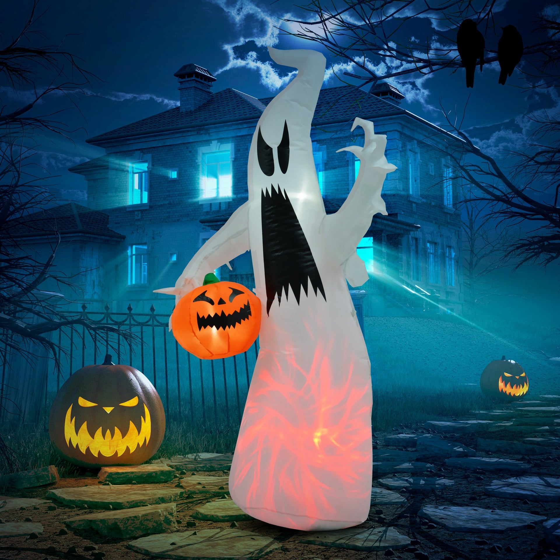 HOMCOM 5.9' Halloween LED Yard Decor Ghost with Pumpkin, Blow Up Inflatable Outdoor Decoration, Waterproof