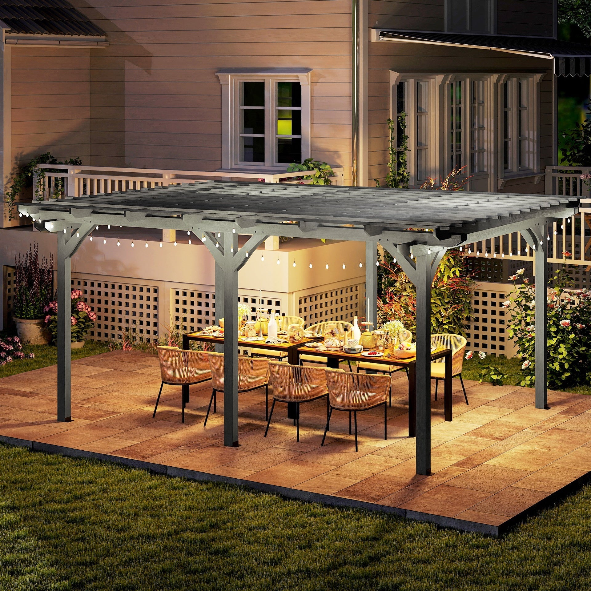 Outsunny 12' x 16' Outdoor Pergola, Wood Gazebo Grape Trellis with Stable Structure for Climbing Plant Support, Gray