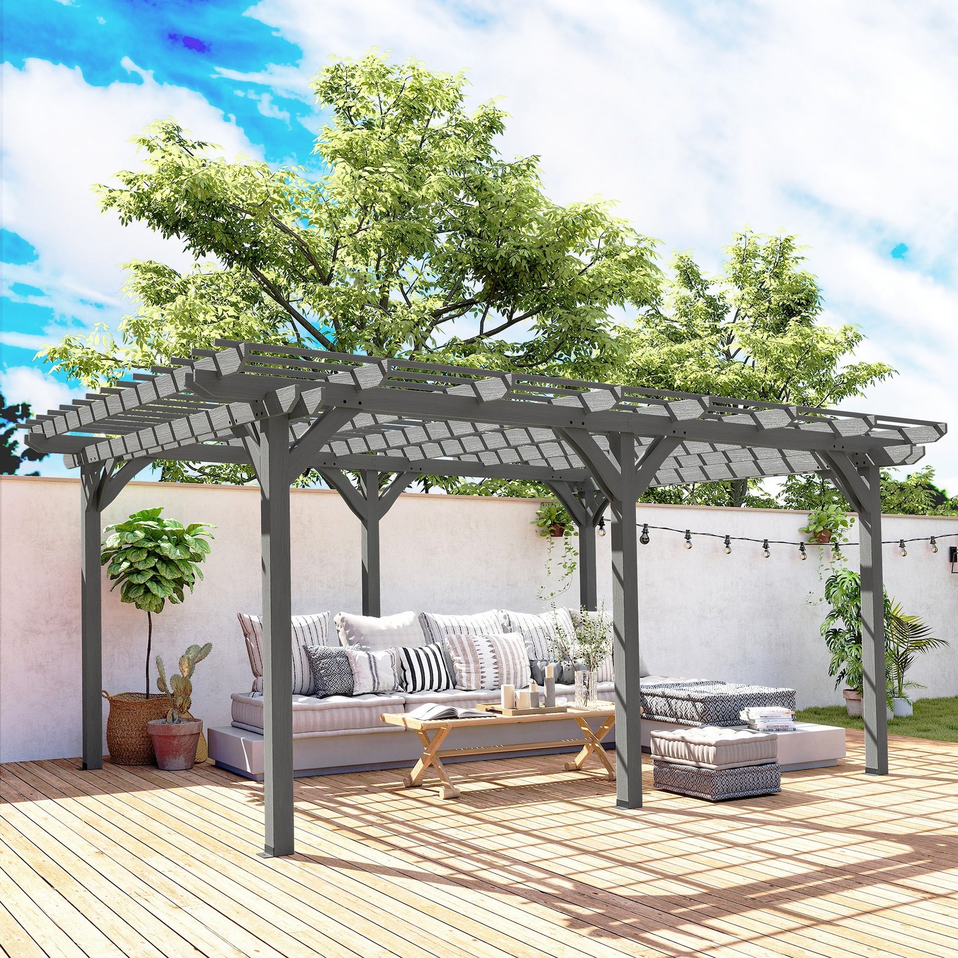 Outsunny 12' x 16' Outdoor Pergola, Wood Gazebo Grape Trellis with Stable Structure for Climbing Plant Support, Gray
