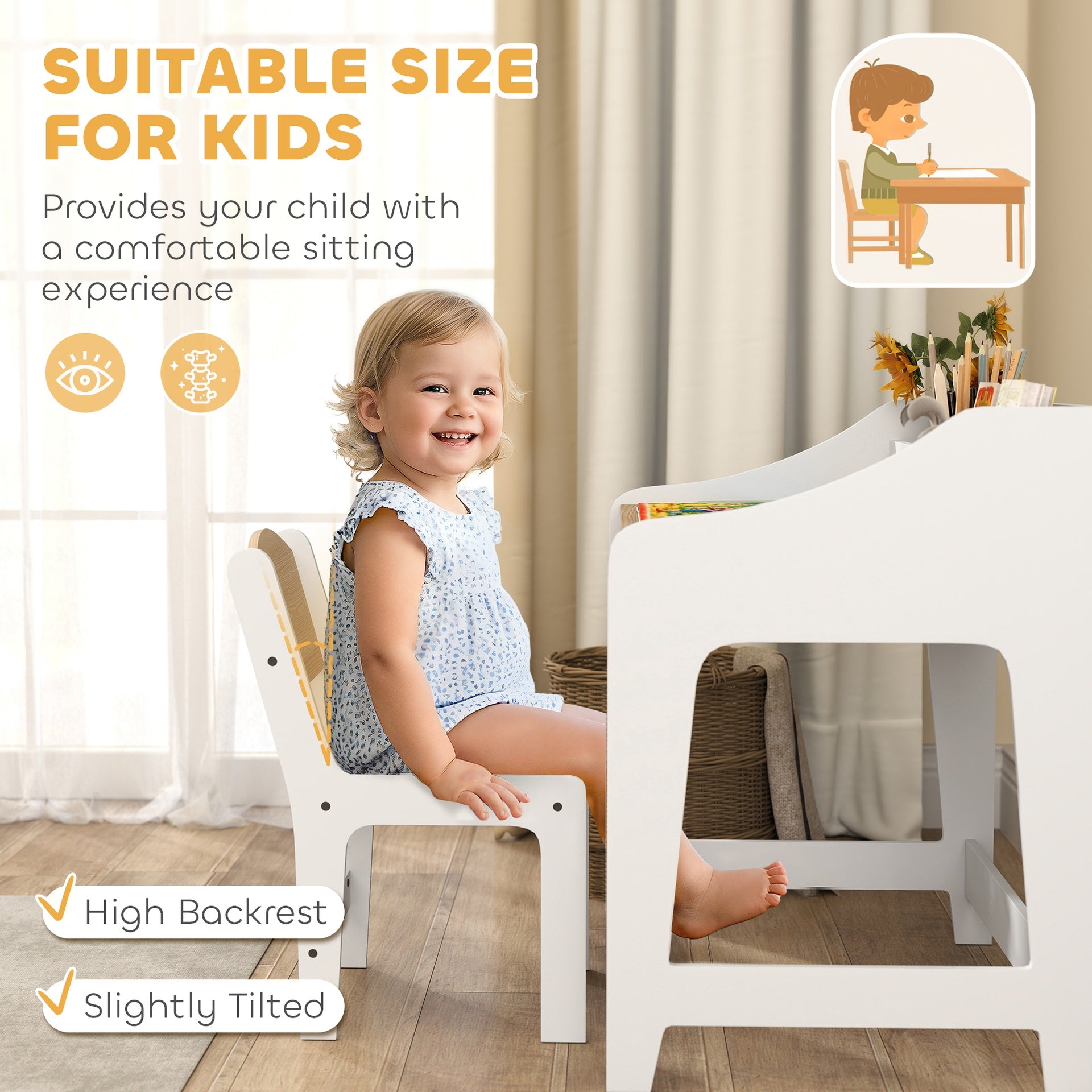 Qaba Kids Desk and Chair Set with Storage and Shelves, for Bedroom & Study Room, Gift for 3-8 Years Old, Natural Wood