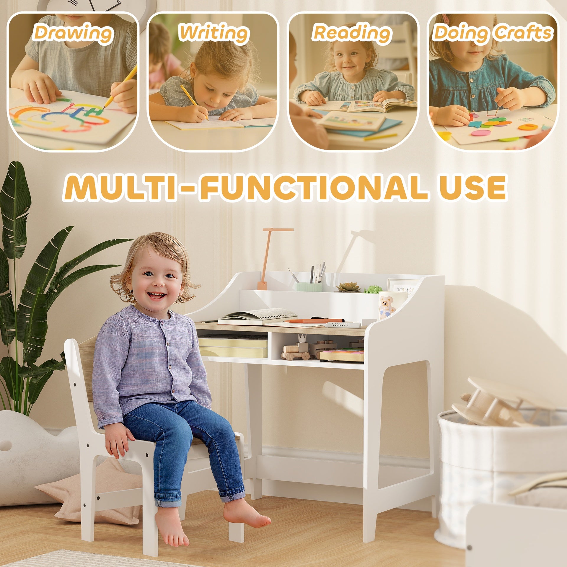 Qaba Kids Desk and Chair Set with Storage and Shelves, for Bedroom & Study Room, Gift for 3-8 Years Old, Natural Wood