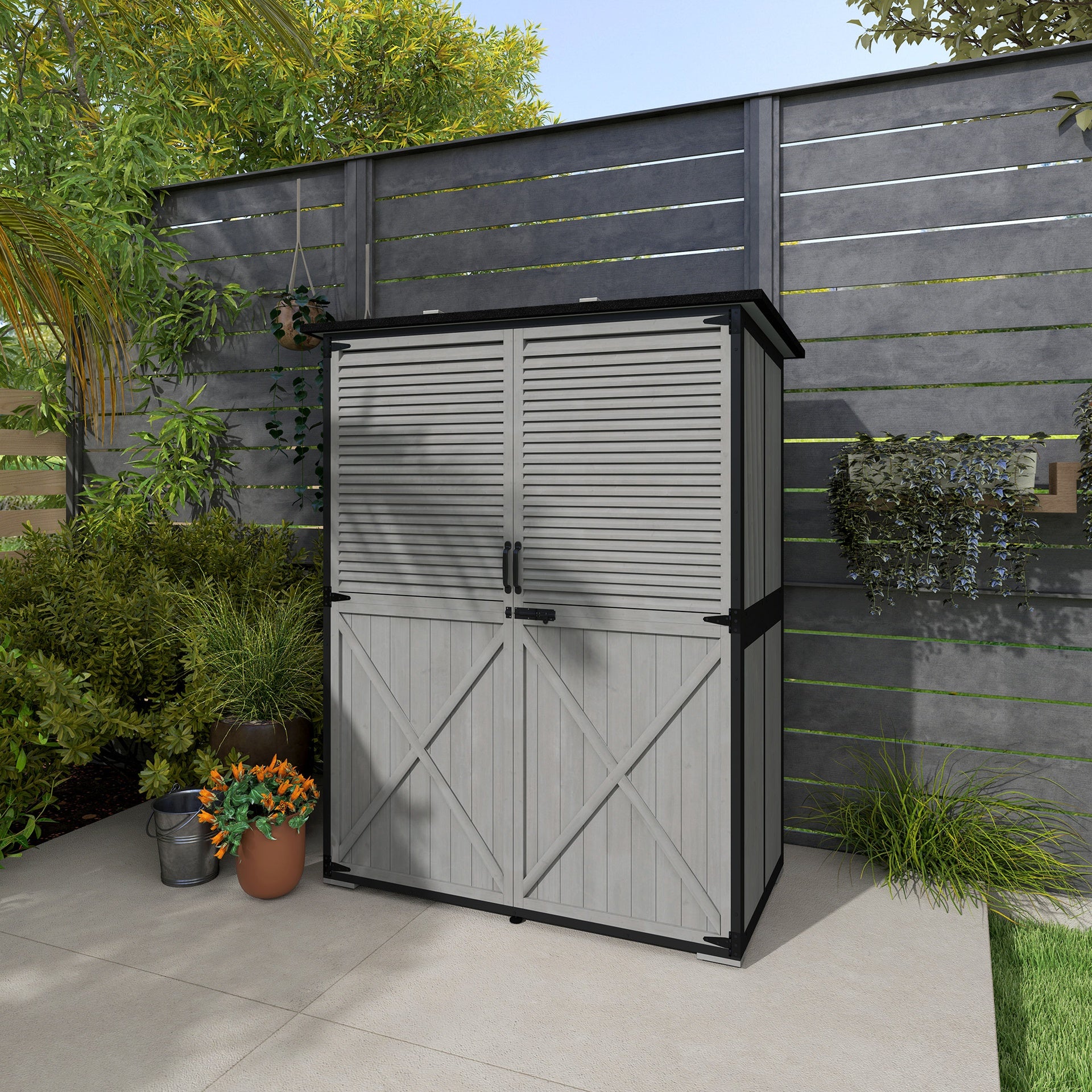 Outsunny Wood Storage Shed, Outdoor Garden Shed with Asphalt Roof, 2 Shelves, Lockable Doors and Adjustable Feet, Gray