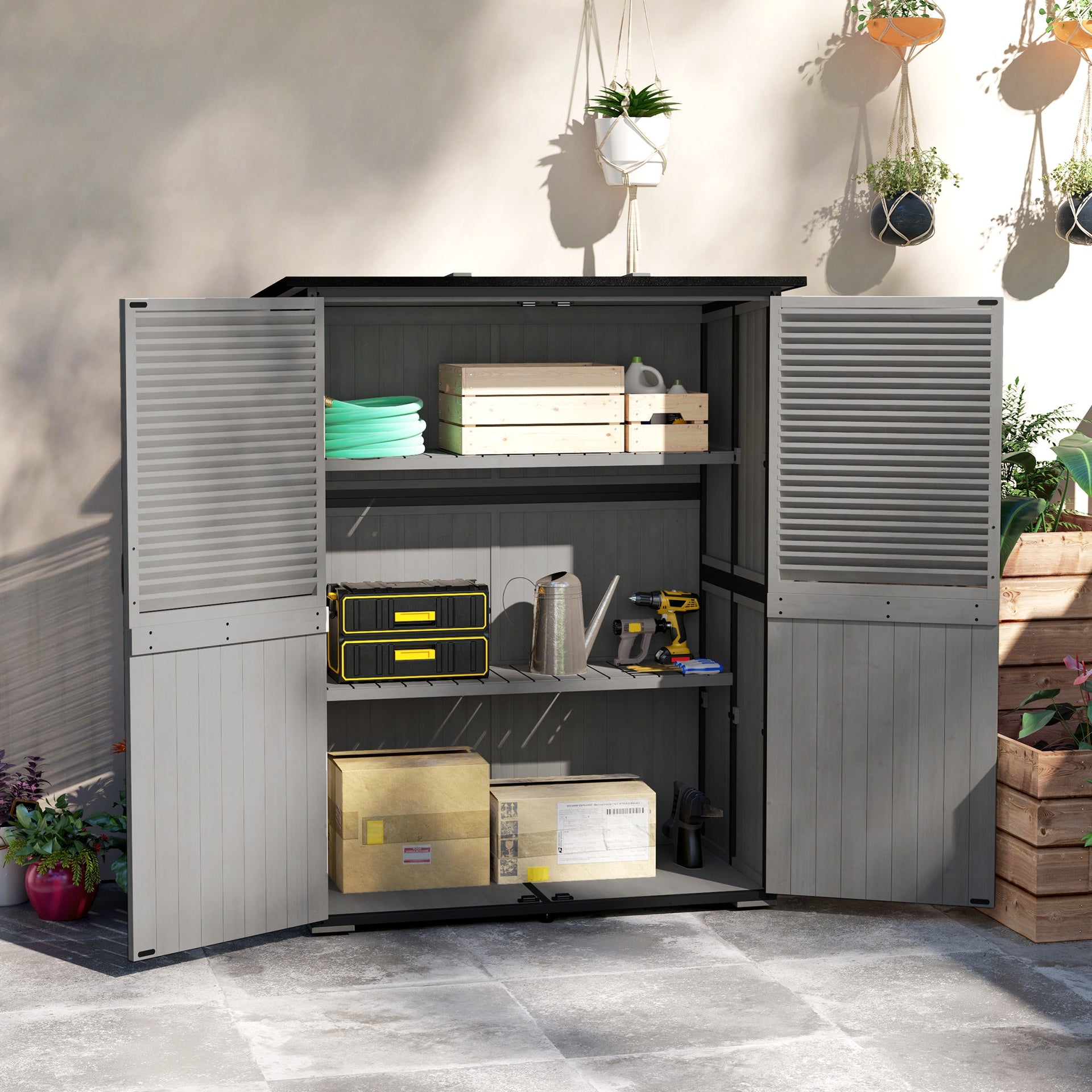 Outsunny Wood Storage Shed, Outdoor Garden Shed with Asphalt Roof, 2 Shelves, Lockable Doors and Adjustable Feet, Gray