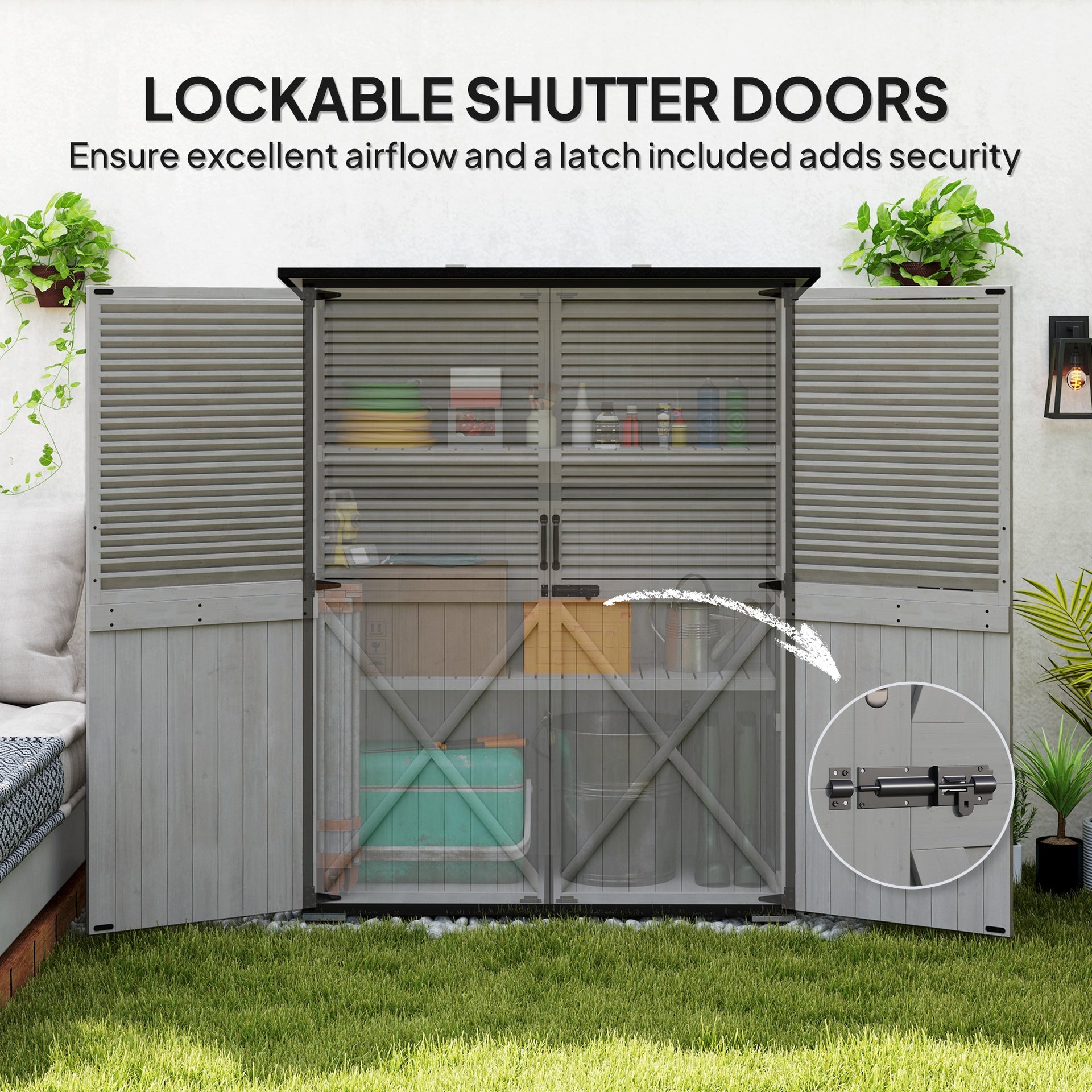 Outsunny Wood Storage Shed, Outdoor Garden Shed with Asphalt Roof, 2 Shelves, Lockable Doors and Adjustable Feet, Gray