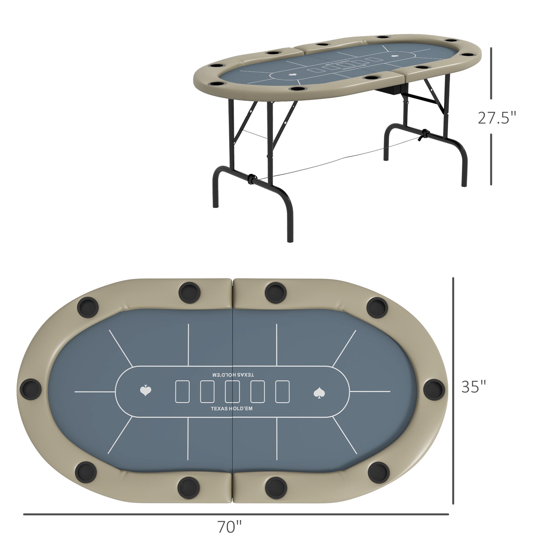 Soozier Foldable Poker Table Blackjack Texas Holdem Poker Game Table with Cup Holders, 70" Oval, Blue
