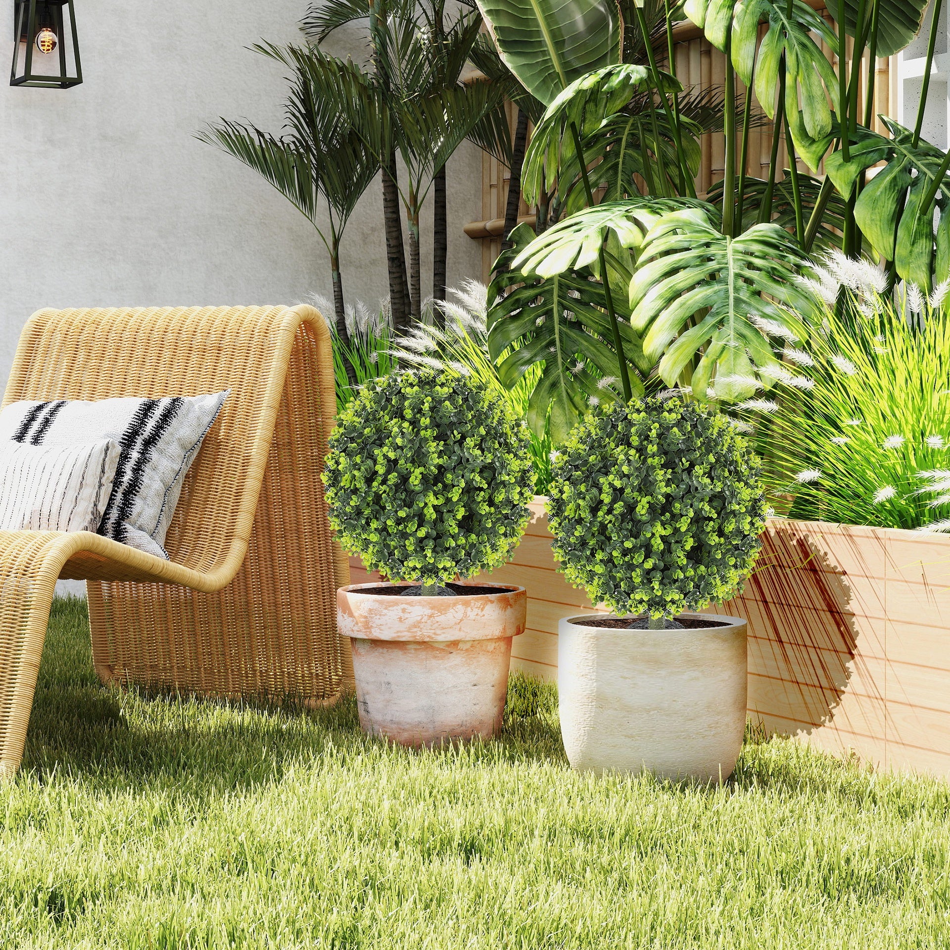HOMCOM 2 Pack 1.3ft Artificial Ball Eucalyptus Topiary with Ground Stake, UV Resistant Faux Greenery for Indoor Outdoor