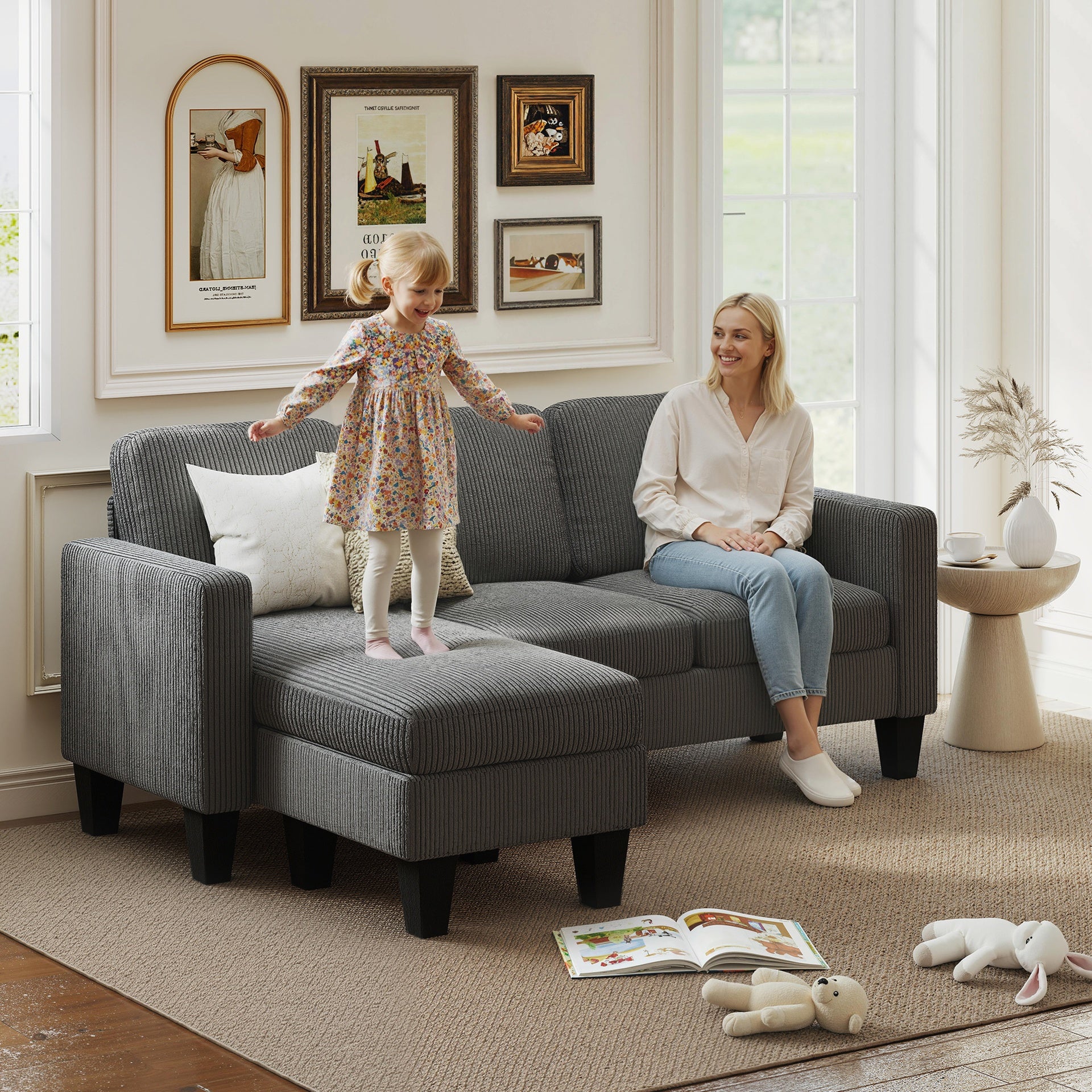 HOMCOM Sectional Sofa, L Shaped Couch, with Reversible Chaise or Ottoman, Dark Gray