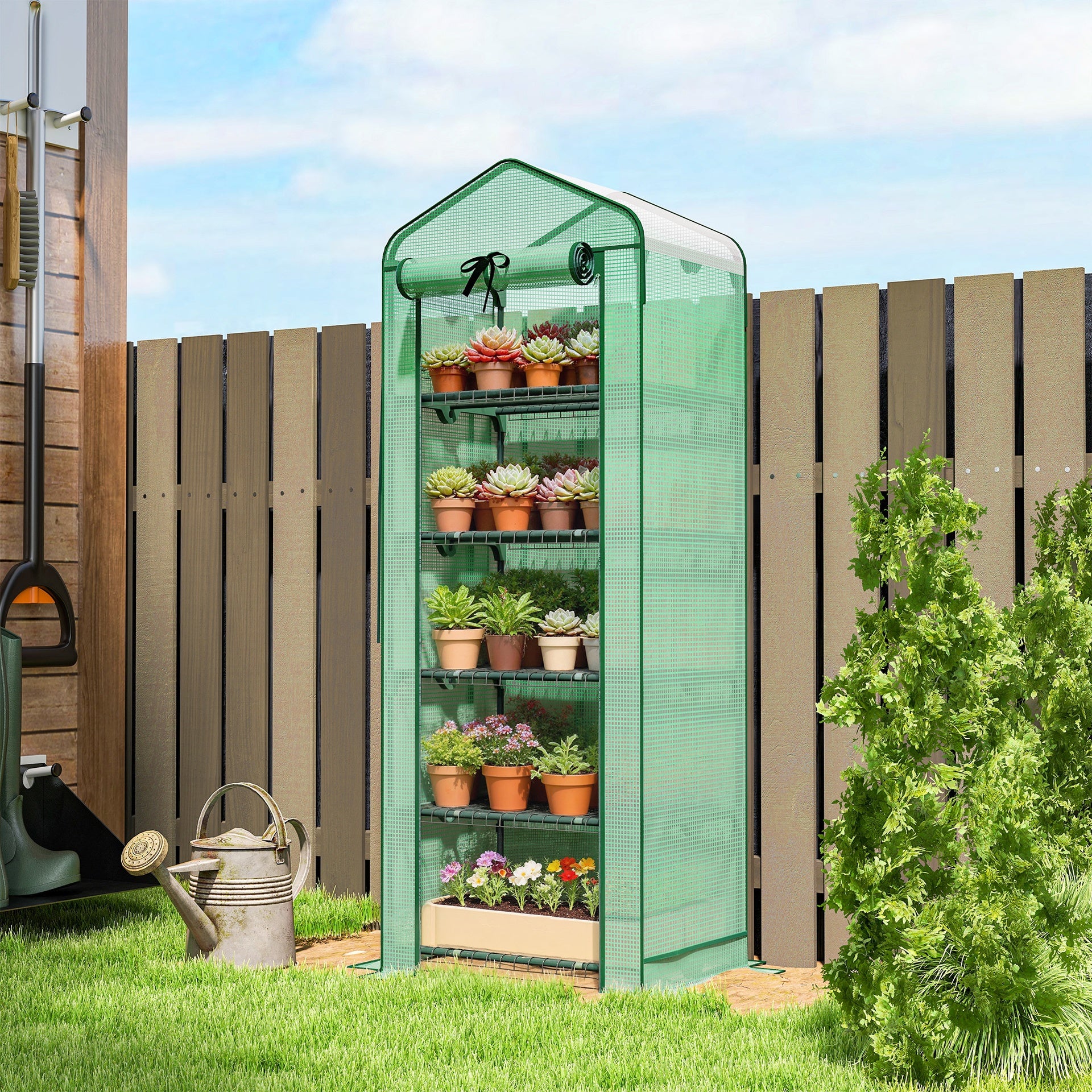 Outsunny Mini Greenhouse with Screen Roof, 5 Tier Portable Small Greenhouse with High Strength PE Cover, Green