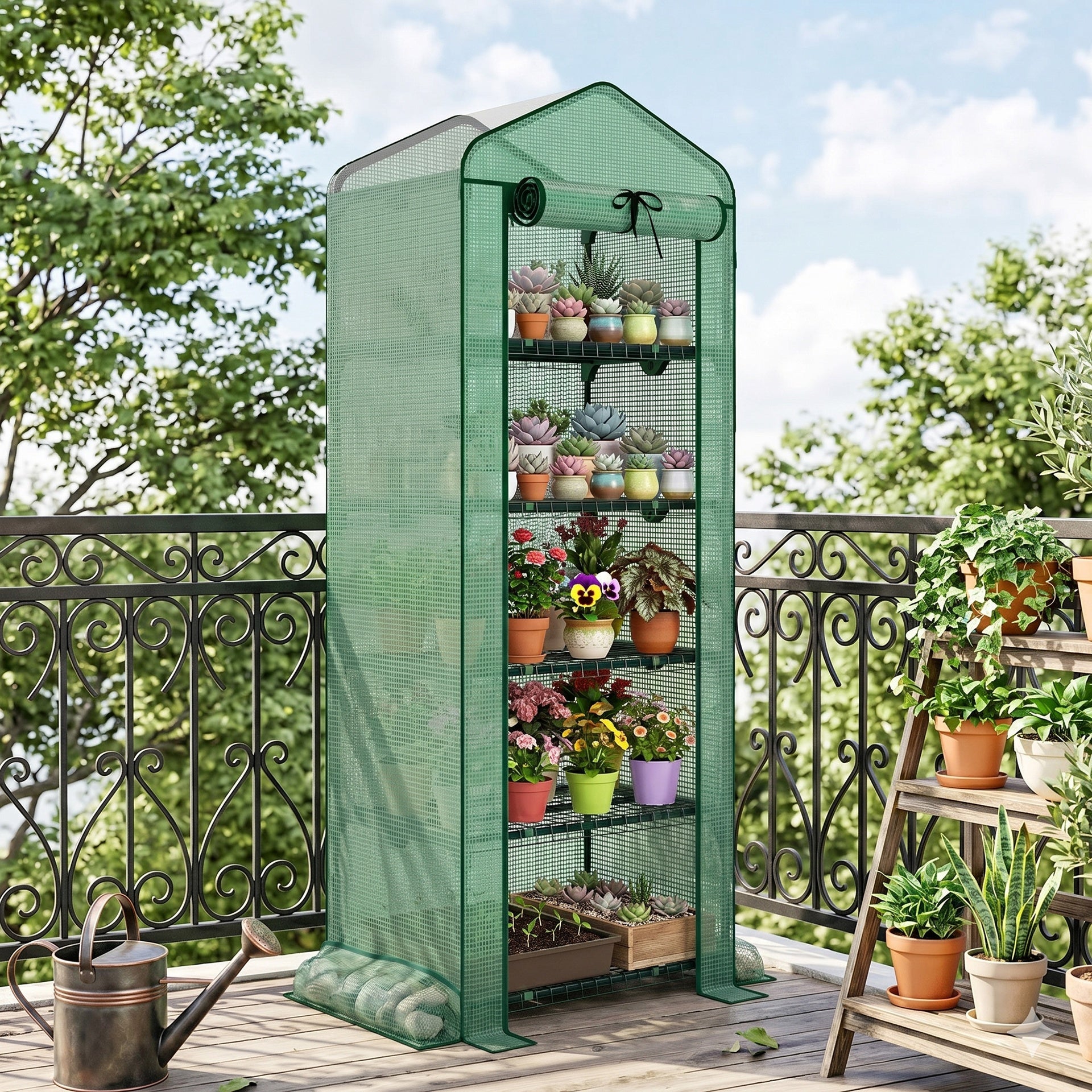 Outsunny Mini Greenhouse with Screen Roof, 5 Tier Portable Small Greenhouse with High Strength PE Cover, Green