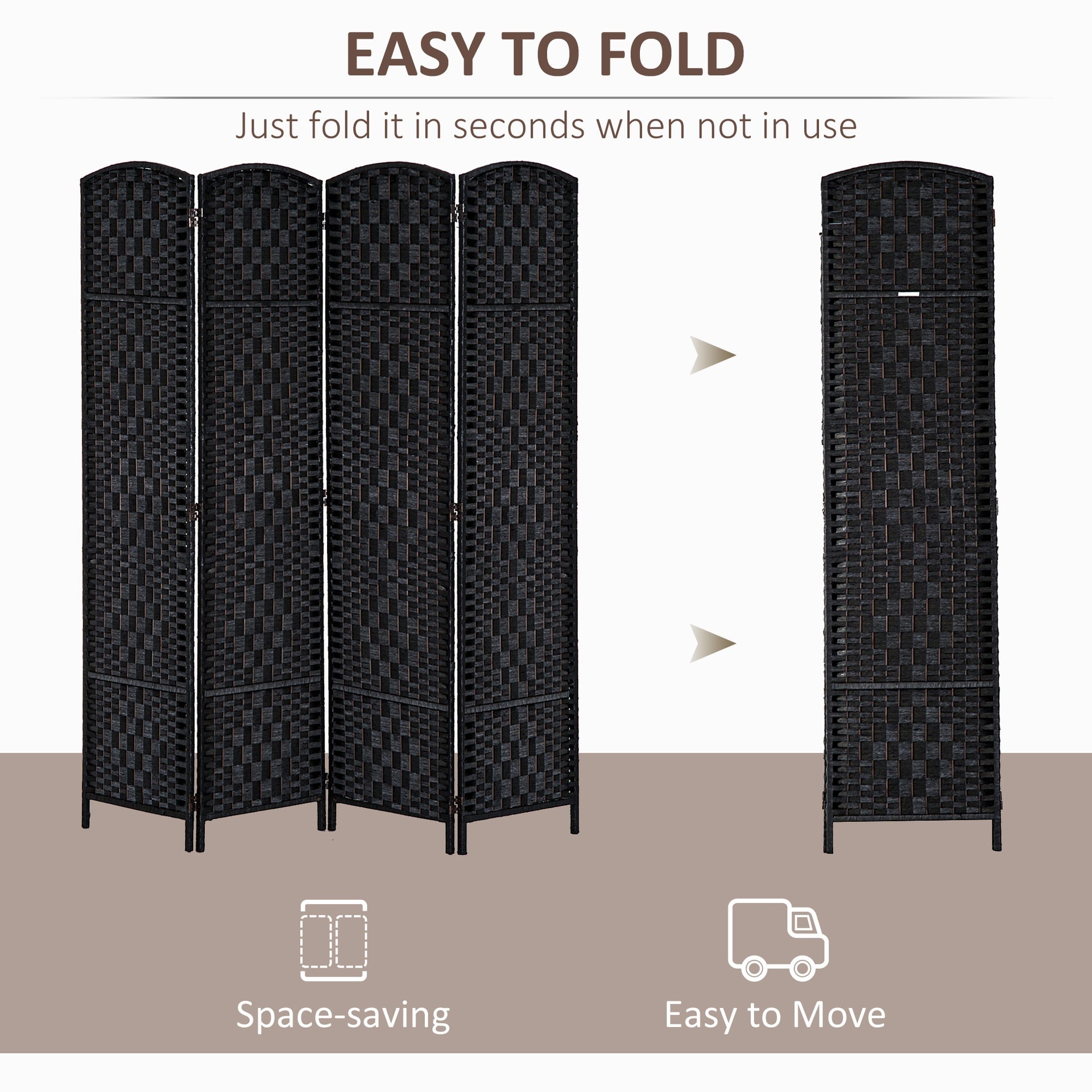 HOMCOM Room Divider 4 Panel, 6FT Tall Folding Privacy Screen, Freestanding Hand-Woven Partition for Room Separation with 360° Hinges, Paper Rope Diamond Weave, Black