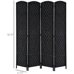 HOMCOM Room Divider 4 Panel, 6FT Tall Folding Privacy Screen, Freestanding Hand-Woven Partition for Room Separation with 360° Hinges, Paper Rope Diamond Weave, Black