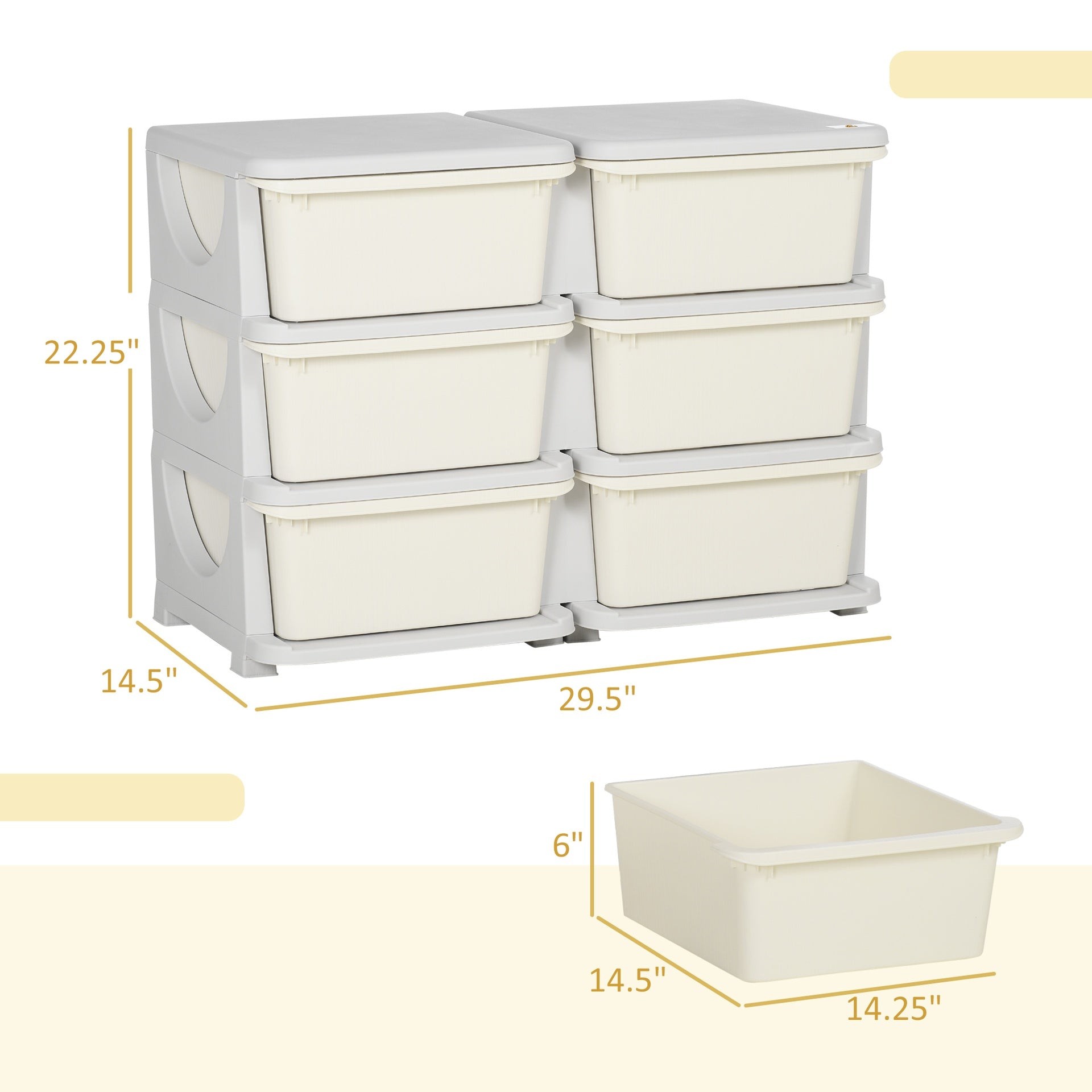 Qaba 3 Tier Kids Storage Unit, Toy Organizers and Storage with 6 Drawer Chest for Kids Bedroom Nursery Kindergarten Living Room for Boys Girls Toddlers, Cream White