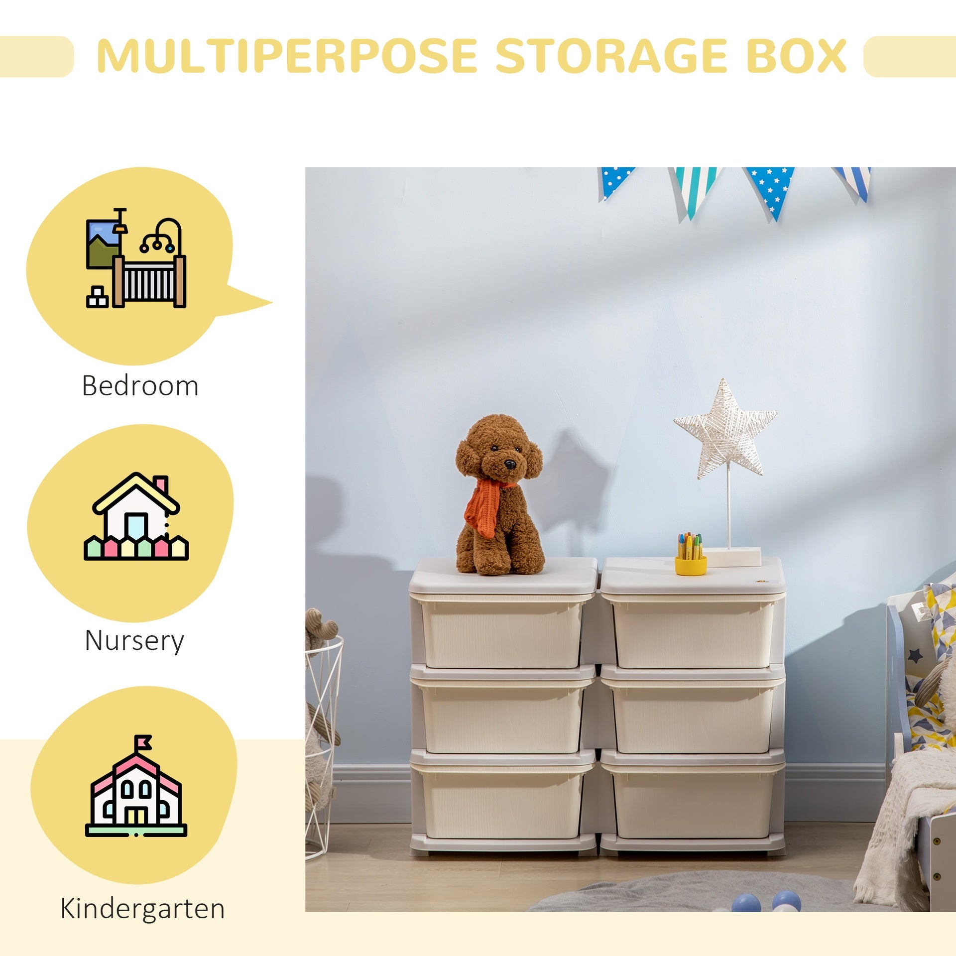 Qaba 3 Tier Kids Storage Unit, Toy Organizers and Storage with 6 Drawer Chest for Kids Bedroom Nursery Kindergarten Living Room for Boys Girls Toddlers, Cream White