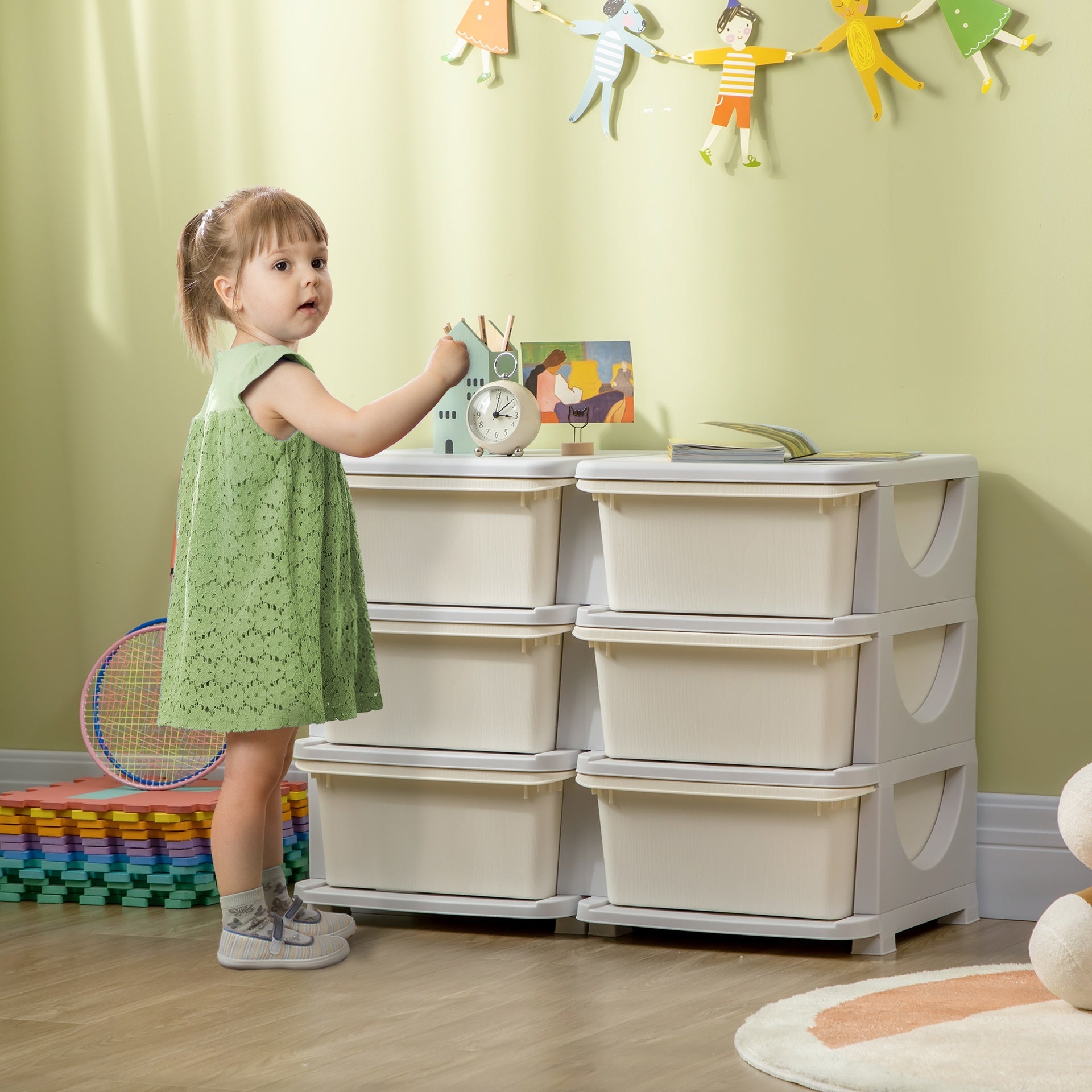 Qaba 3 Tier Kids Storage Unit, Toy Organizers and Storage with 6 Drawer Chest for Kids Bedroom Nursery Kindergarten Living Room for Boys Girls Toddlers, Cream White