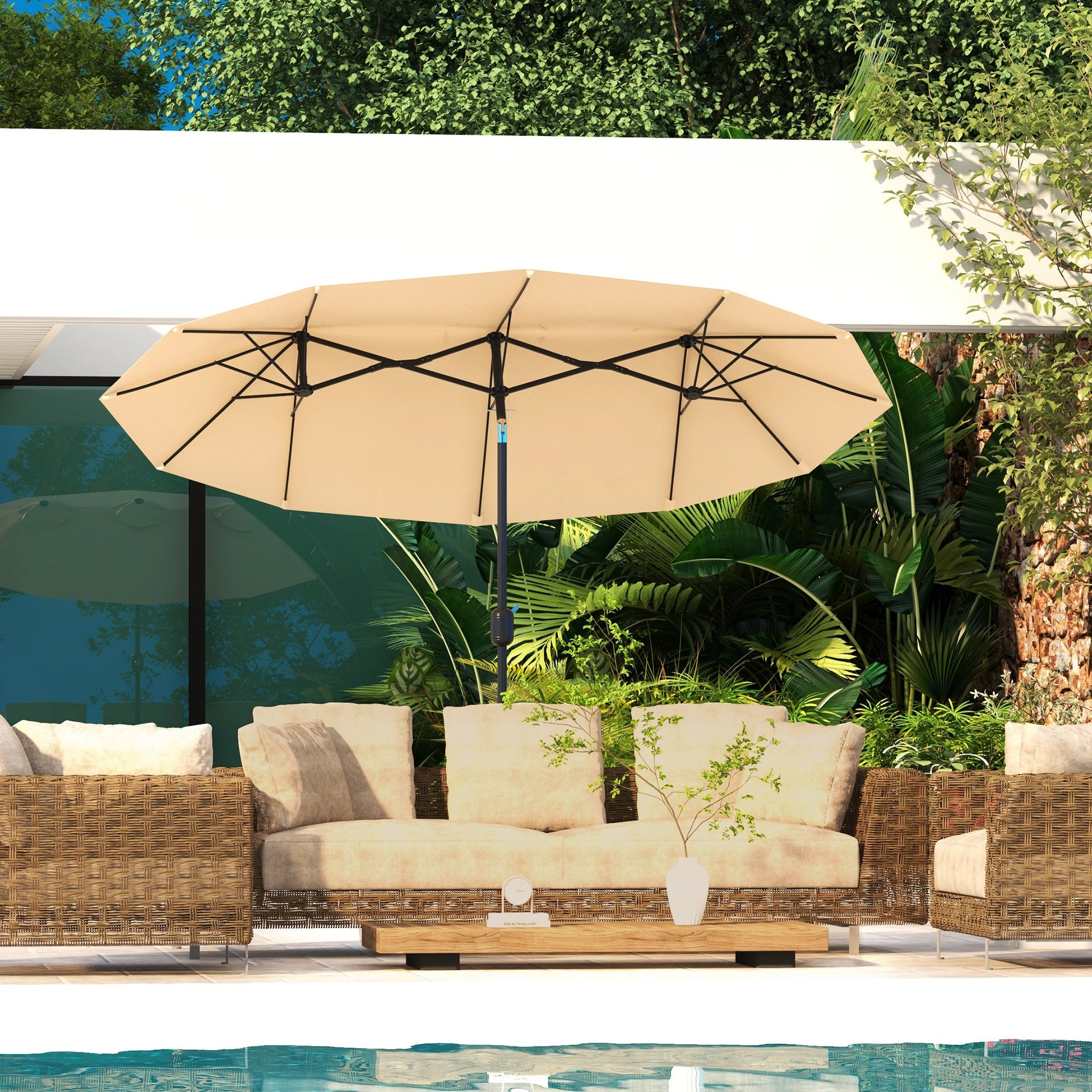 Outsunny Double Sided Patio Umbrella, 9.7' Large Outdoor Market Umbrella with Push Button Tilt and Crank, 3 Air Vents and 12 Ribs, for Garden, Deck, Pool, Brown