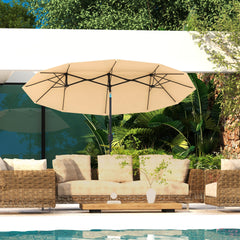 Outsunny Double Sided Patio Umbrella, 9.7' Large Outdoor Market Umbrella with Push Button Tilt and Crank, 3 Air Vents and 12 Ribs, for Garden, Deck, Pool, Brown