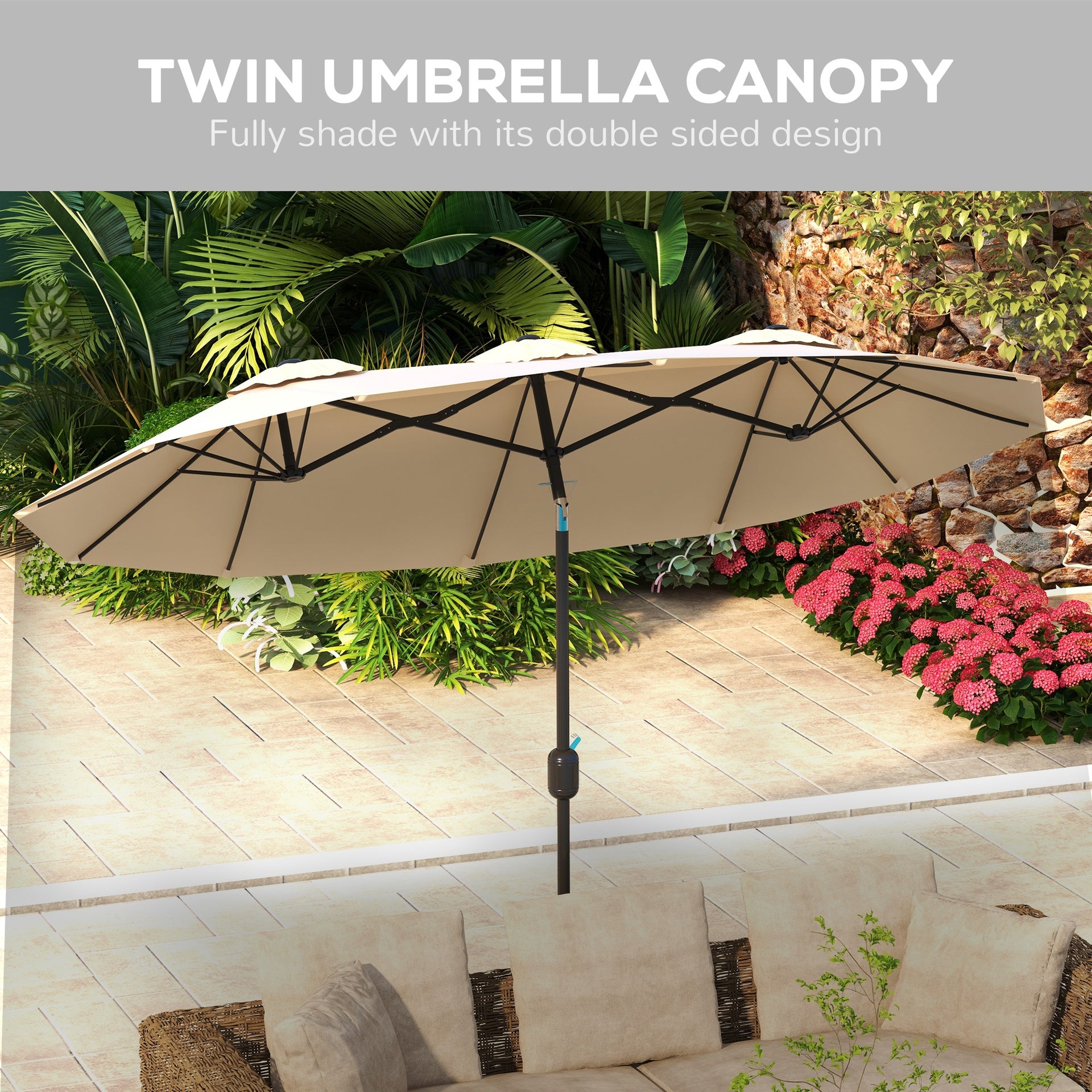 Outsunny Double Sided Patio Umbrella, 9.7' Large Outdoor Market Umbrella with Push Button Tilt and Crank, 3 Air Vents and 12 Ribs, for Garden, Deck, Pool, Brown
