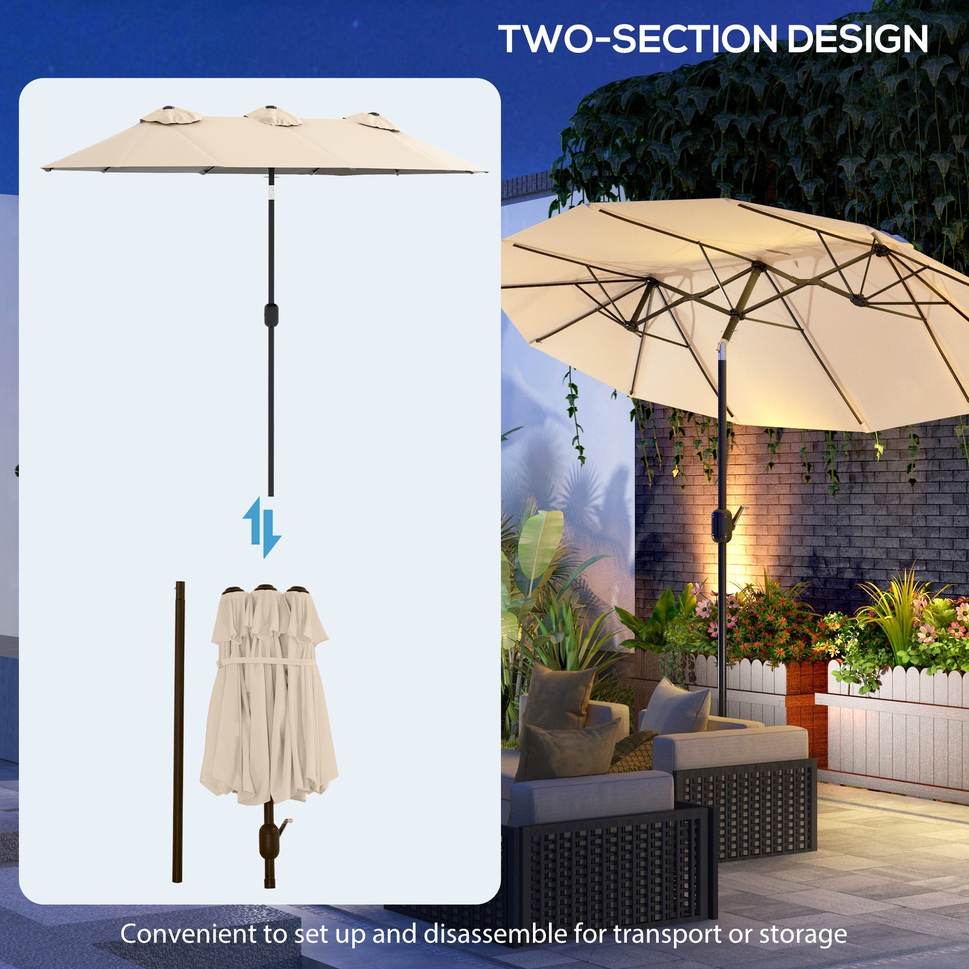 Outsunny Double Sided Patio Umbrella, 9.7' Large Outdoor Market Umbrella with Push Button Tilt and Crank, 3 Air Vents and 12 Ribs, for Garden, Deck, Pool, Brown
