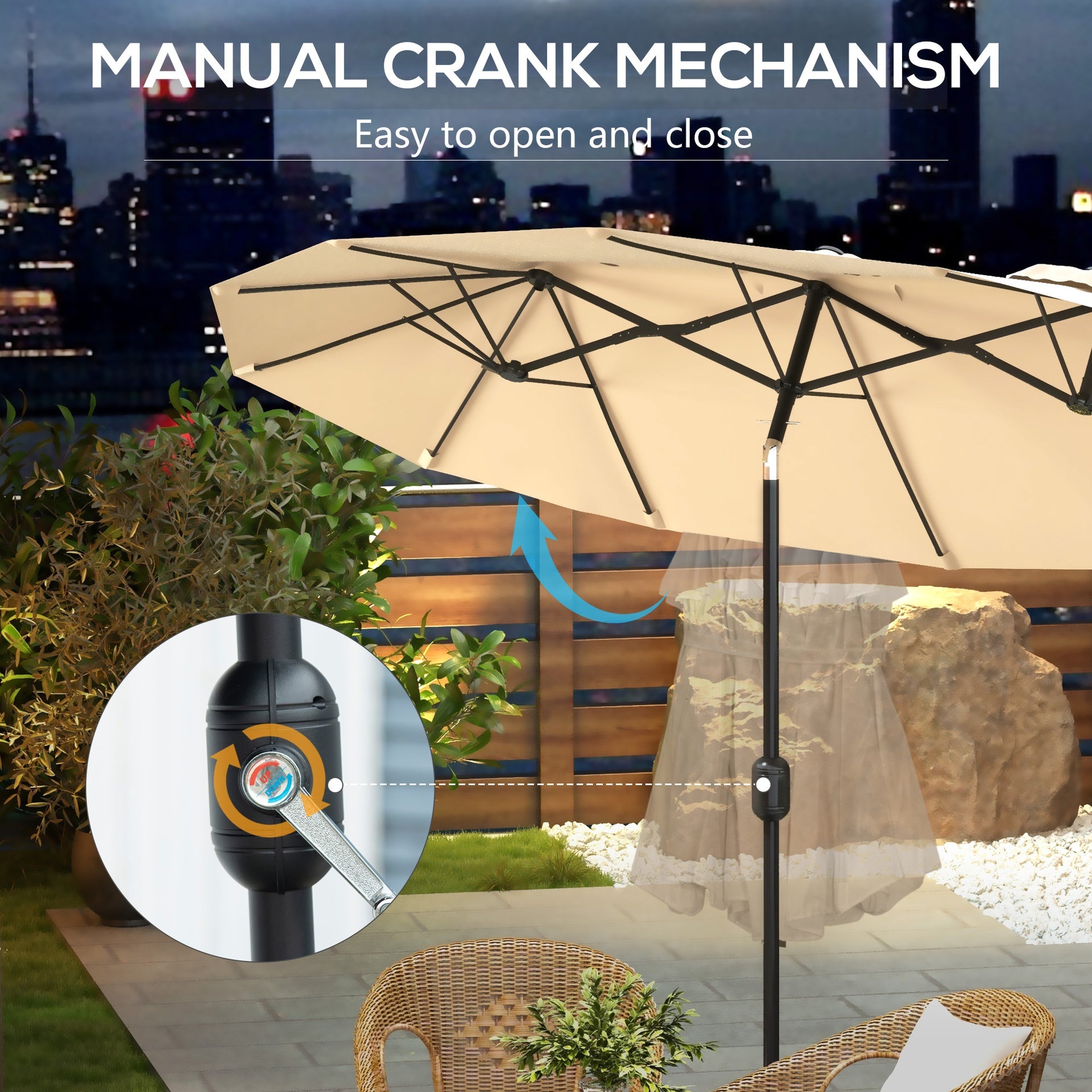 Outsunny Double Sided Patio Umbrella, 9.7' Large Outdoor Market Umbrella with Push Button Tilt and Crank, 3 Air Vents and 12 Ribs, for Garden, Deck, Pool, Brown