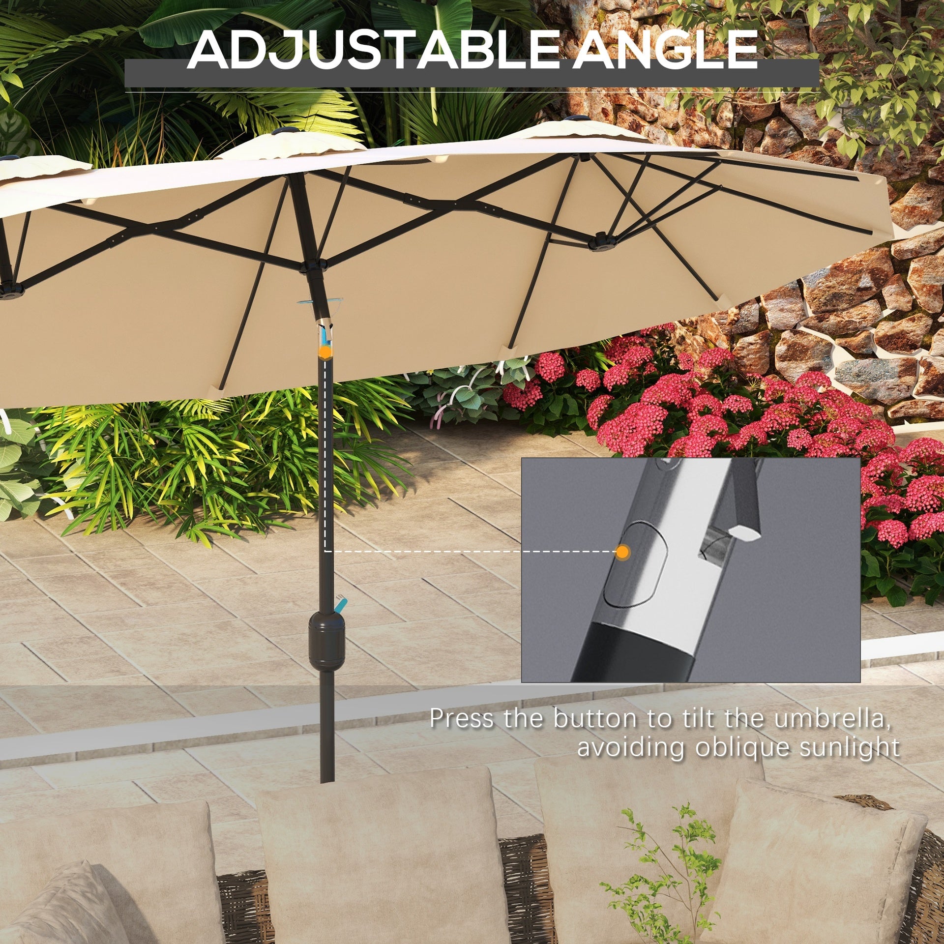 Outsunny Double Sided Patio Umbrella, 9.7' Large Outdoor Market Umbrella with Push Button Tilt and Crank, 3 Air Vents and 12 Ribs, for Garden, Deck, Pool, Brown