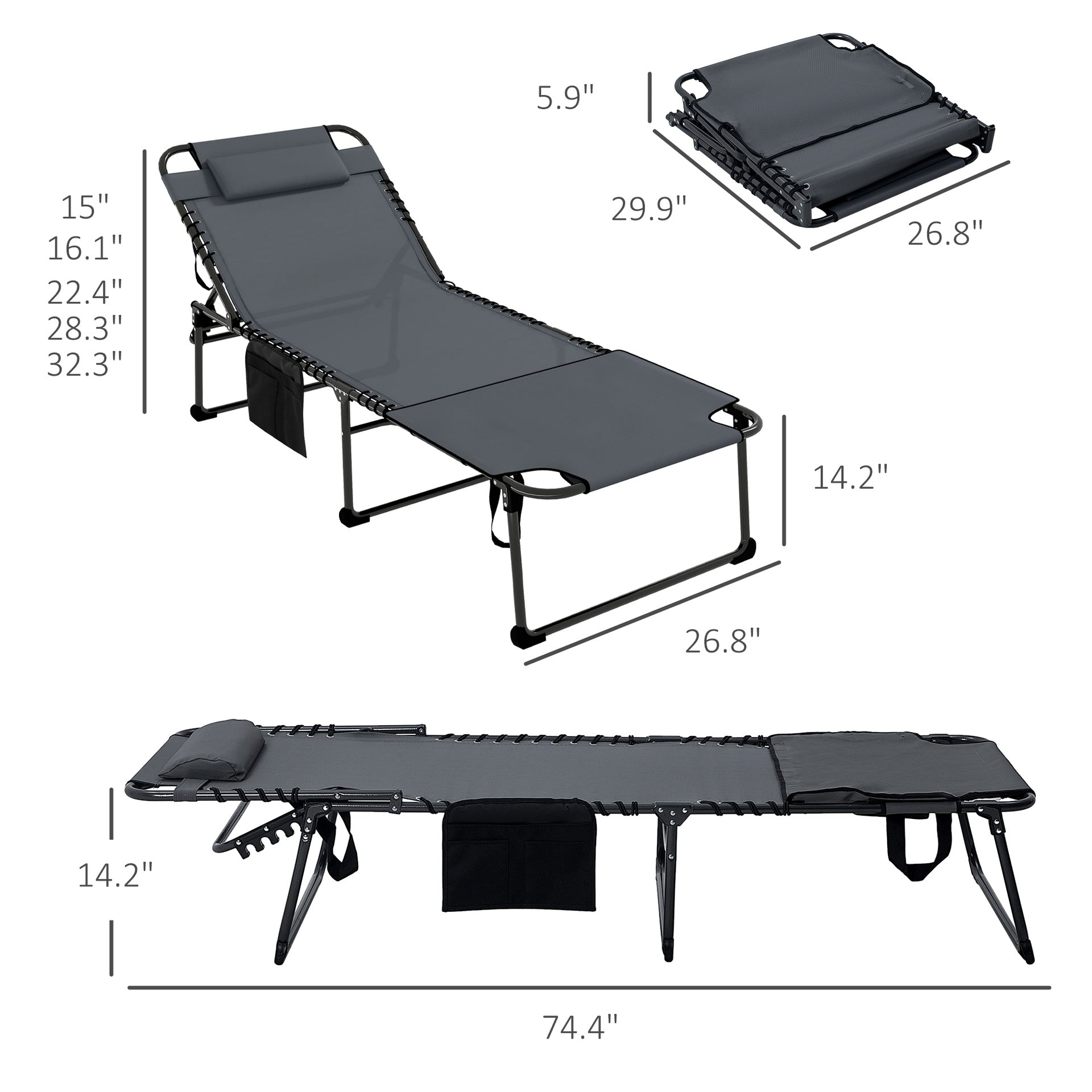 Outsunny 2 Piece Folding Chaise Lounge Pool Chairs with 5-level Reclining Back, Reading Hole, Side Pocket, Gray