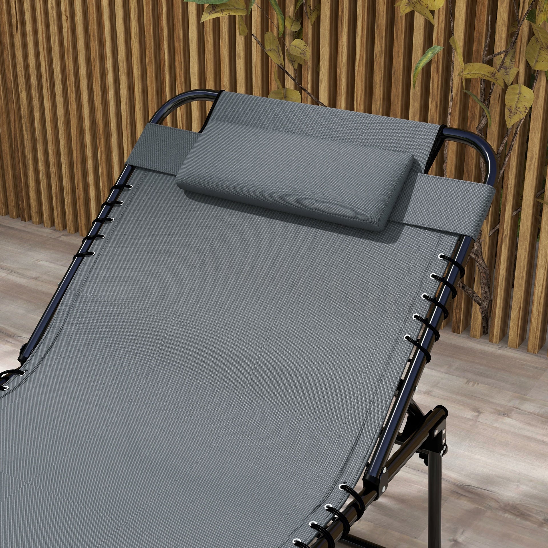 Outsunny 2 Piece Folding Chaise Lounge Pool Chairs with 5-level Reclining Back, Reading Hole, Side Pocket, Gray