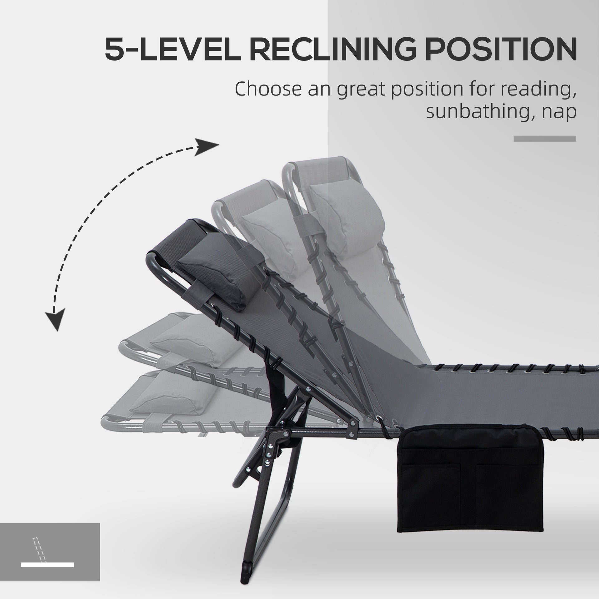 Outsunny 2 Piece Folding Chaise Lounge Pool Chairs with 5-level Reclining Back, Reading Hole, Side Pocket, Gray
