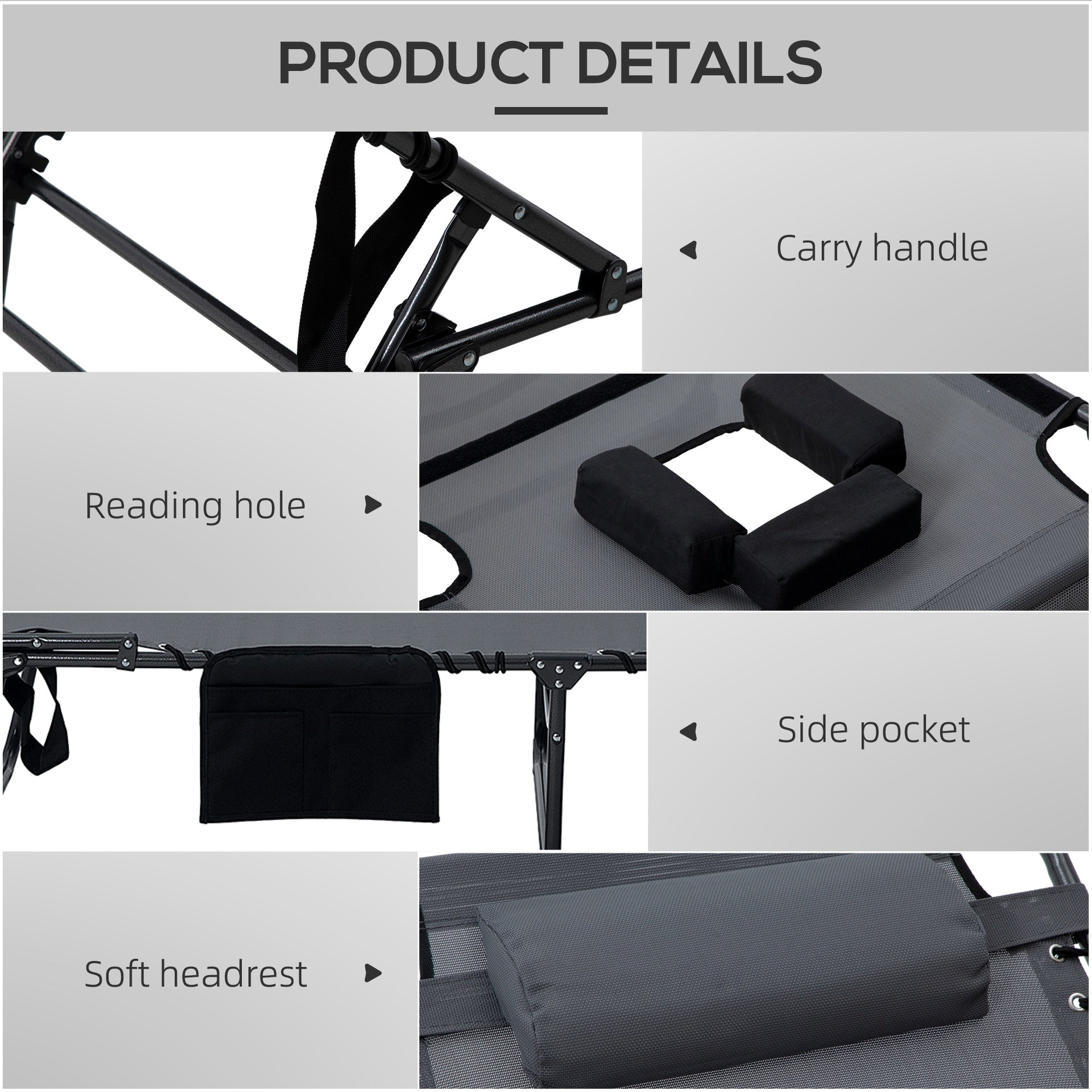 Outsunny 2 Piece Folding Chaise Lounge Pool Chairs with 5-level Reclining Back, Reading Hole, Side Pocket, Gray