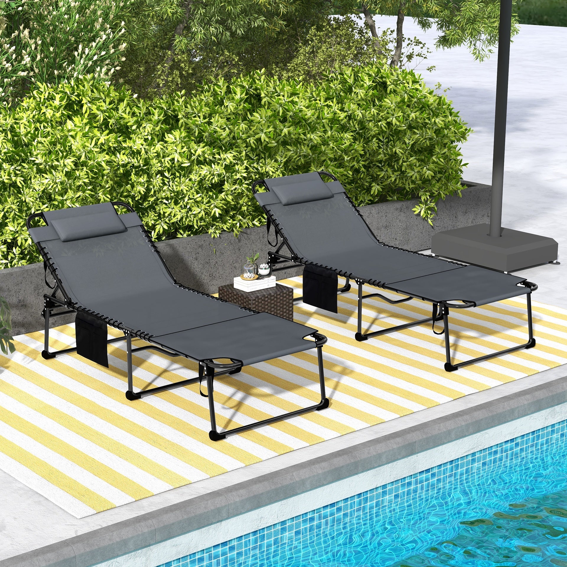 Outsunny 2 Piece Folding Chaise Lounge Pool Chairs with 5-level Reclining Back, Reading Hole, Side Pocket, Gray