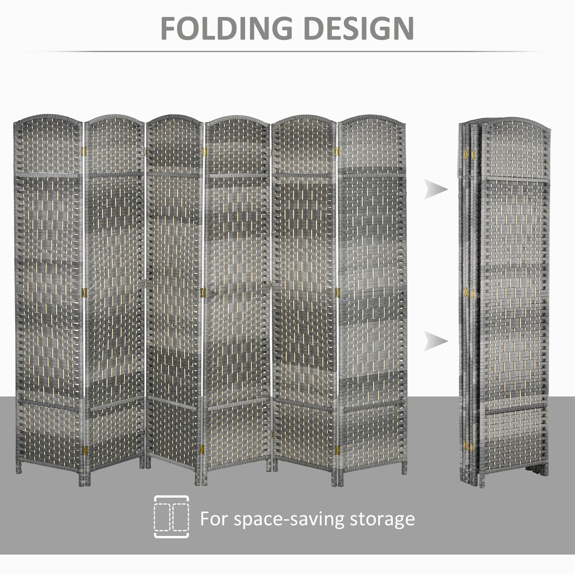 HOMCOM Folding Room Divider Screen 6 Panel 6' Tall Privacy Screen Freestanding Wood Partition for Home Office, Mixed Gray