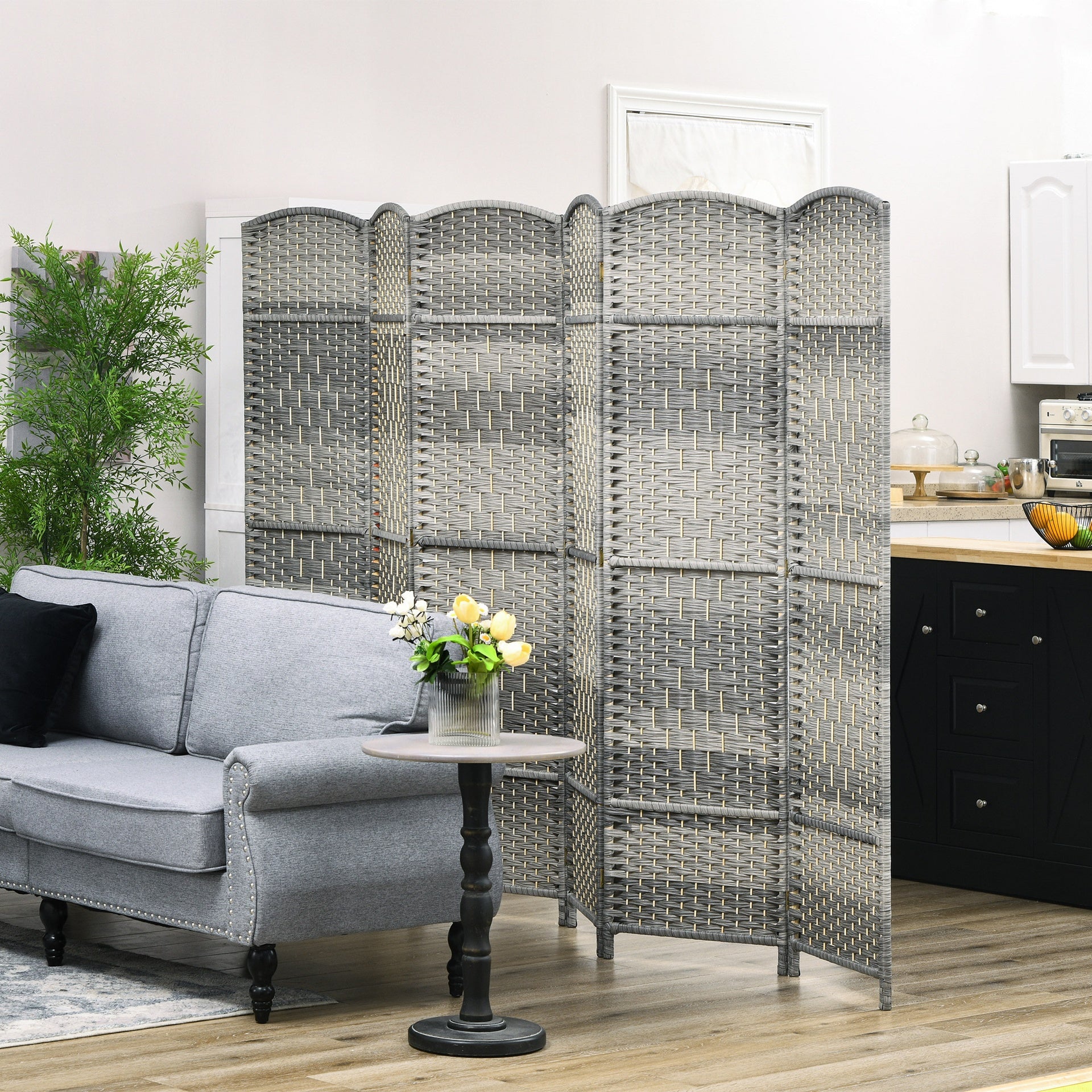 HOMCOM Folding Room Divider Screen 6 Panel 6' Tall Privacy Screen Freestanding Wood Partition for Home Office, Mixed Gray