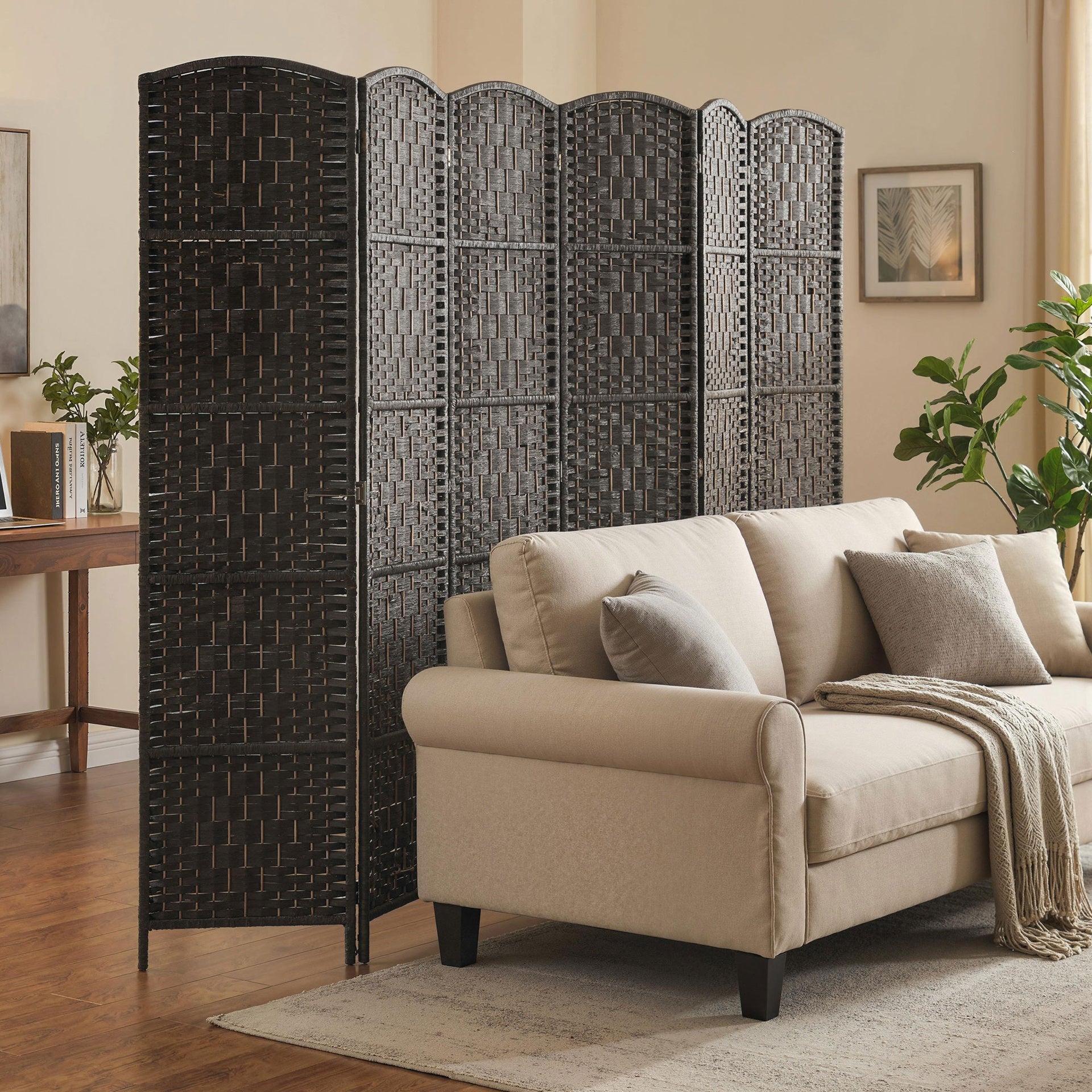 HOMCOM Room Divider, 6 Panel Folding Privacy Screen, 6FT Tall Portable Weave Partition Wall Divider for Bedroom, Coffee