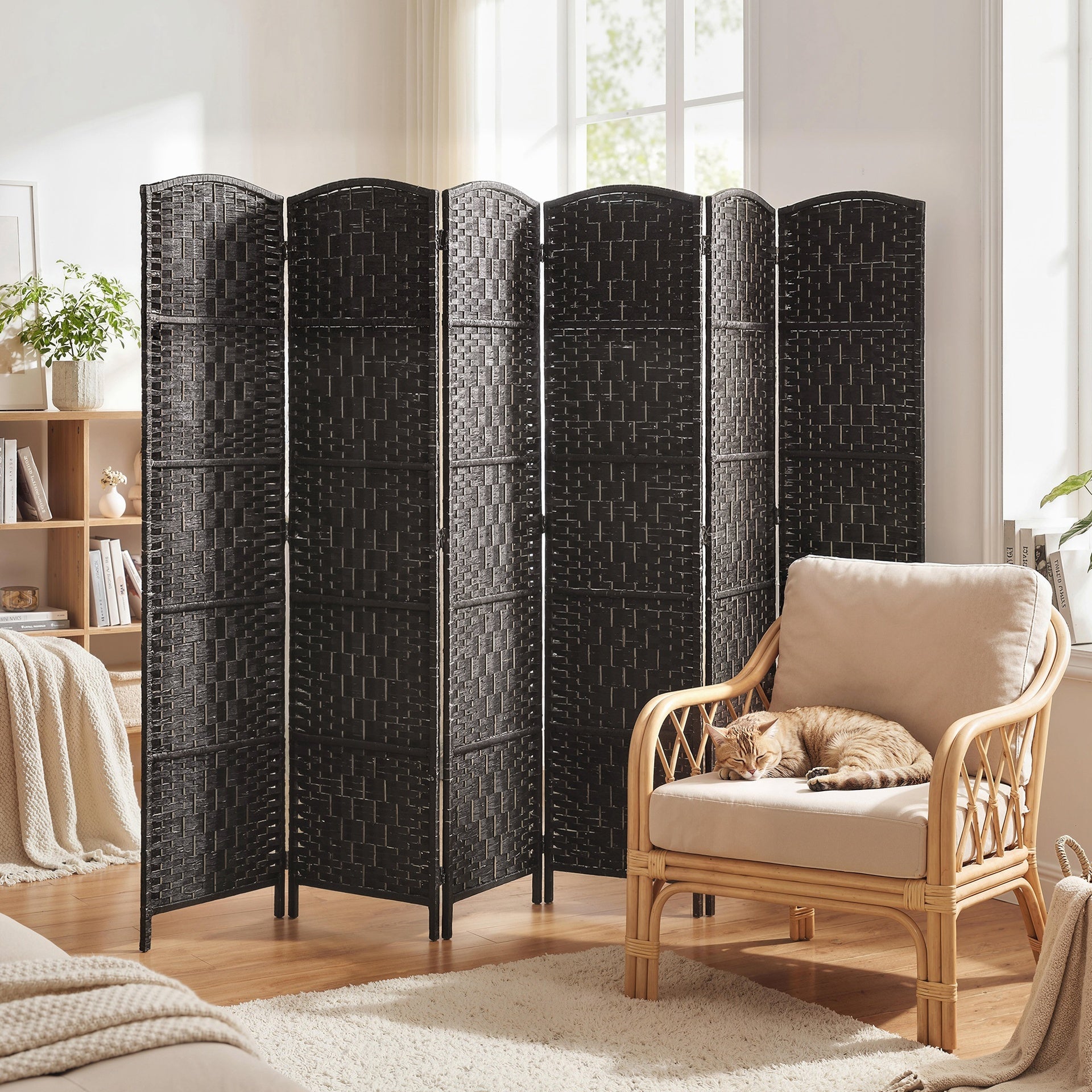HOMCOM Room Divider, 6 Panel Folding Privacy Screen, 6FT Tall Portable Weave Partition Wall Divider for Bedroom, Coffee