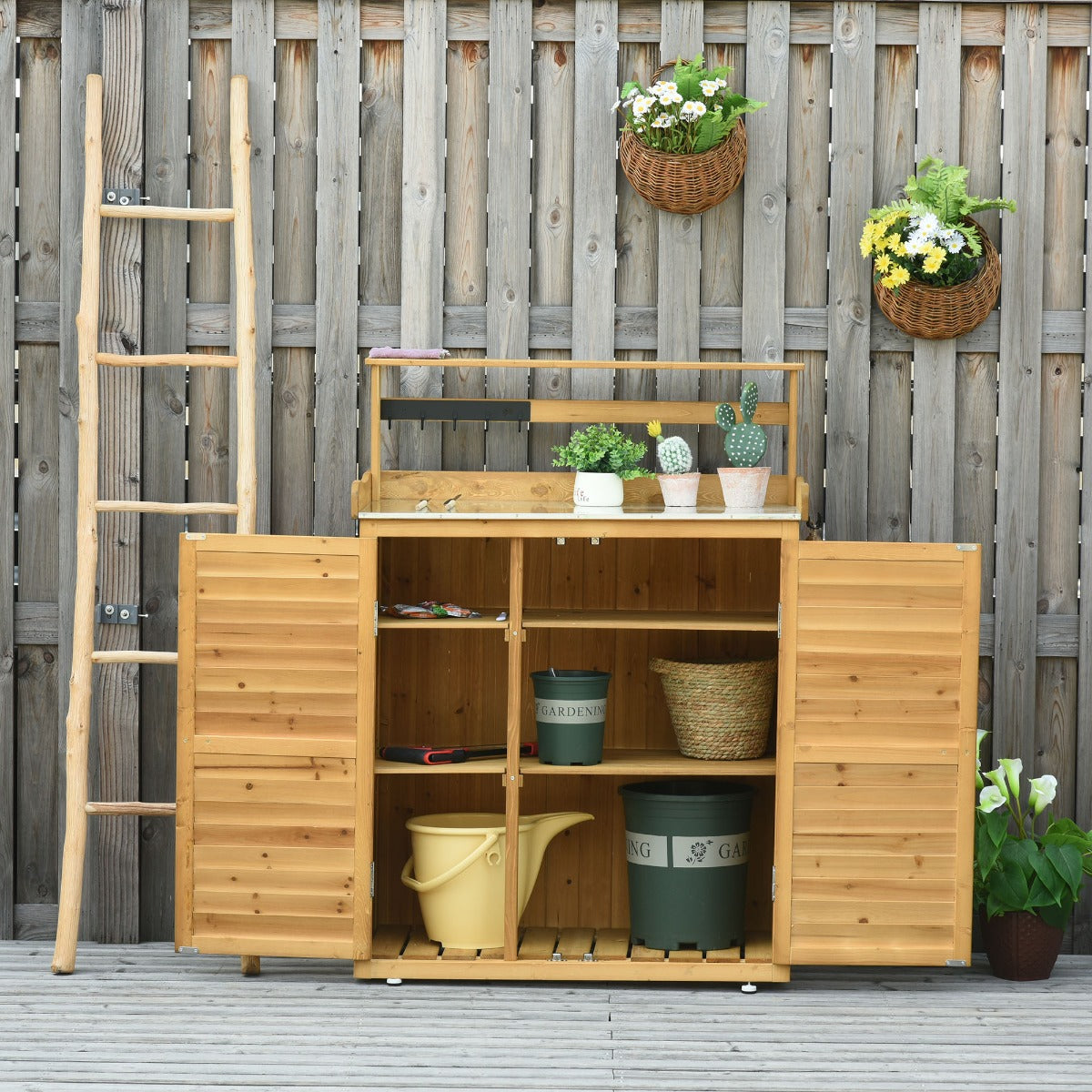 Outsunny Backyard Garden Tool Storage Shed, Outdoor Storage & Potting Bench with 2 Magnetic Close Doors & Large Interior Storage Space