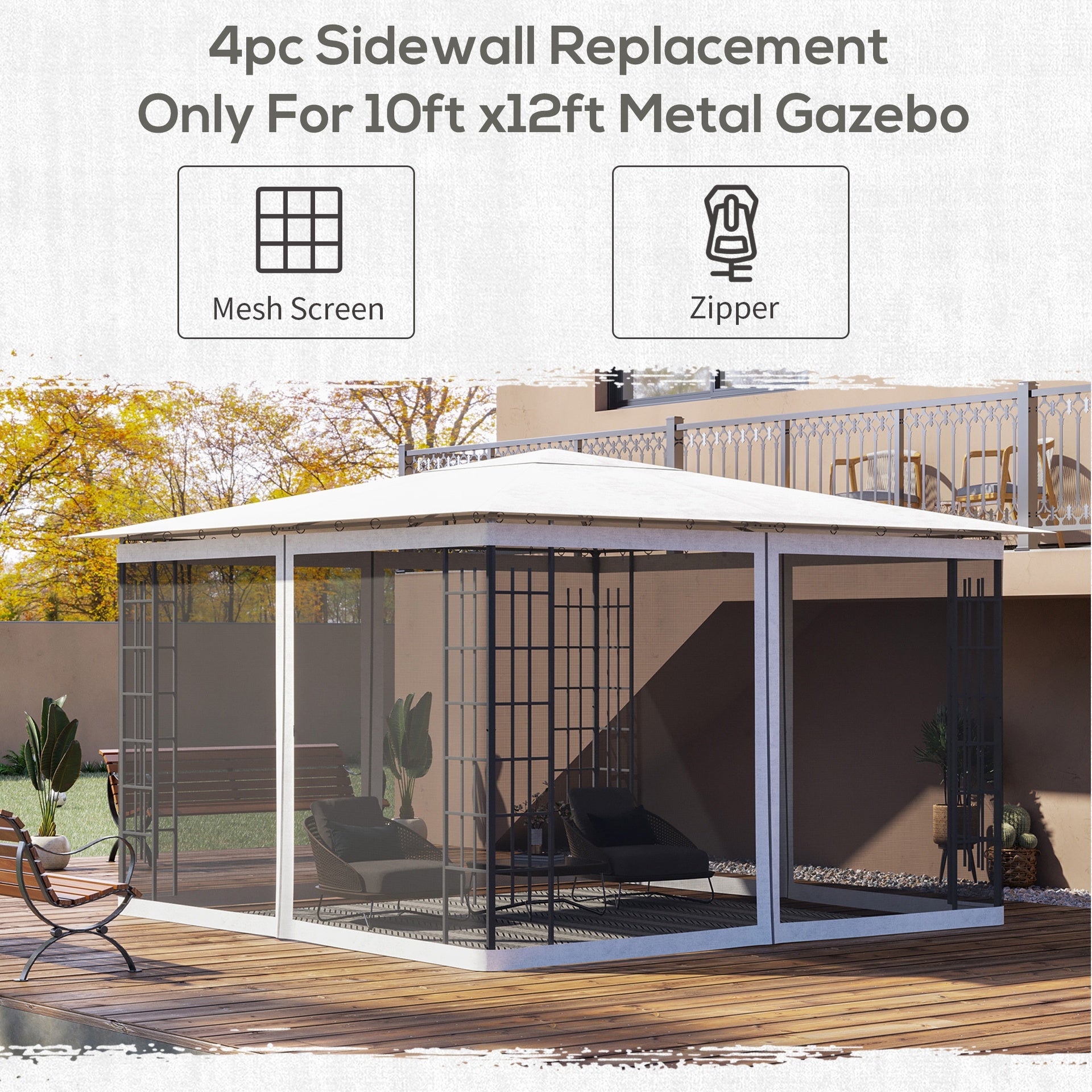 Outsunny Replacement Mesh Sidewall Netting for 10' x 12' Gazebos and Canopy Tents with Zippers, (Sidewall Only) White