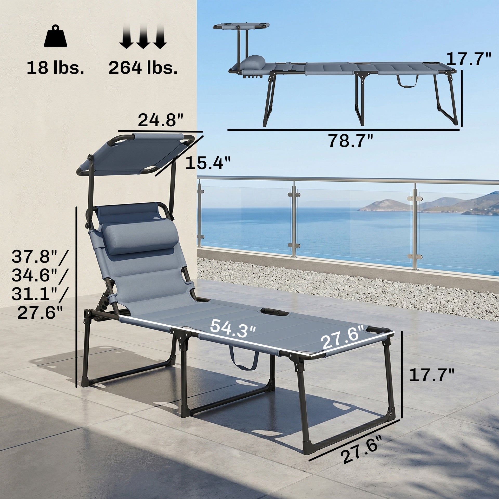 Outsunny Outdoor Lounge Chair, 4 Position Adjustable Backrest, Folding, Cushioned w/ Sun Shade Roof & Pillow, Gray