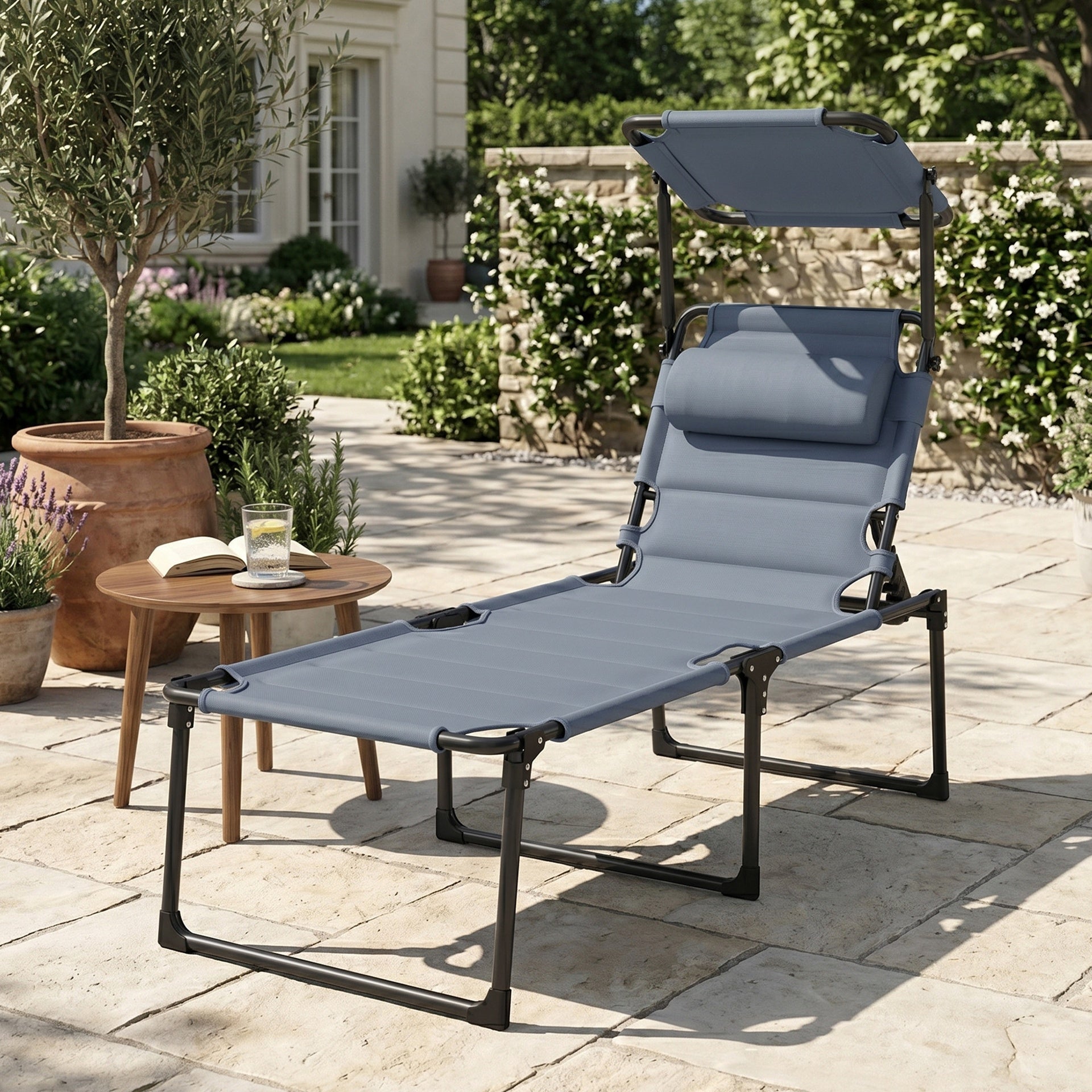 Outsunny Outdoor Lounge Chair, 4 Position Adjustable Backrest, Folding, Cushioned w/ Sun Shade Roof & Pillow, Gray