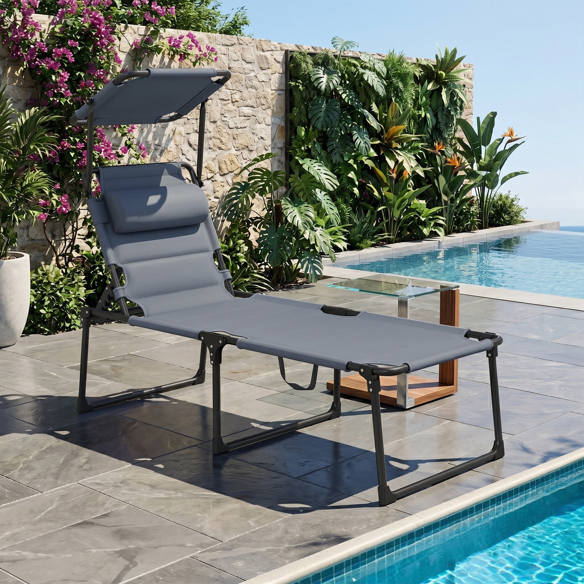 Outsunny Outdoor Lounge Chair, 4 Position Adjustable Backrest, Folding, Cushioned w/ Sun Shade Roof & Pillow, Gray