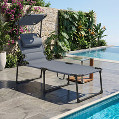 Outsunny Outdoor Lounge Chair, 4 Position Adjustable Backrest, Folding, Cushioned w/ Sun Shade Roof & Pillow, Gray