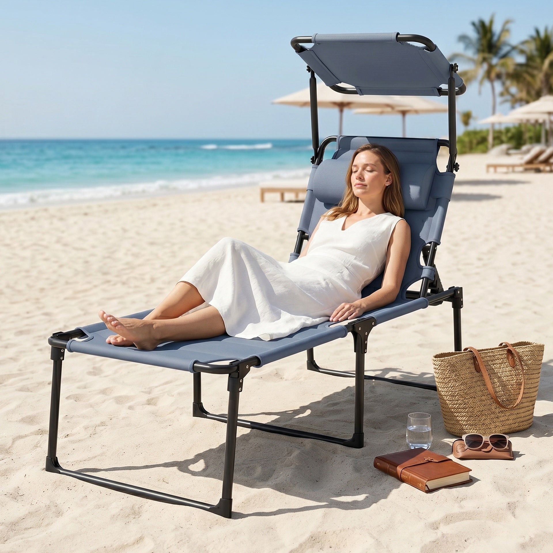 Outsunny Outdoor Lounge Chair, 4 Position Adjustable Backrest, Folding, Cushioned w/ Sun Shade Roof & Pillow, Gray