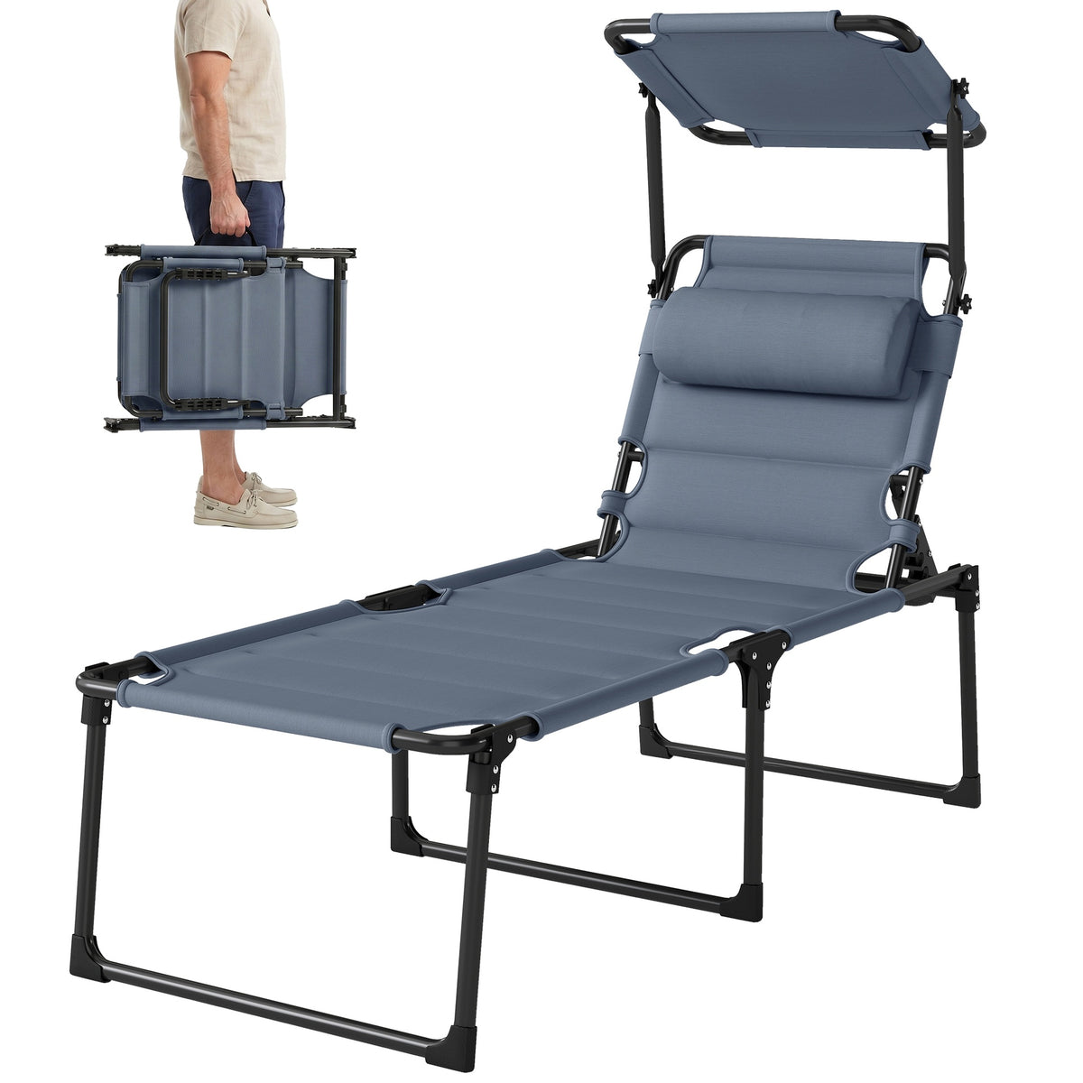 Outsunny Outdoor Lounge Chair, 4 Position Adjustable Backrest, Folding, Cushioned w/ Sun Shade Roof & Pillow, Gray