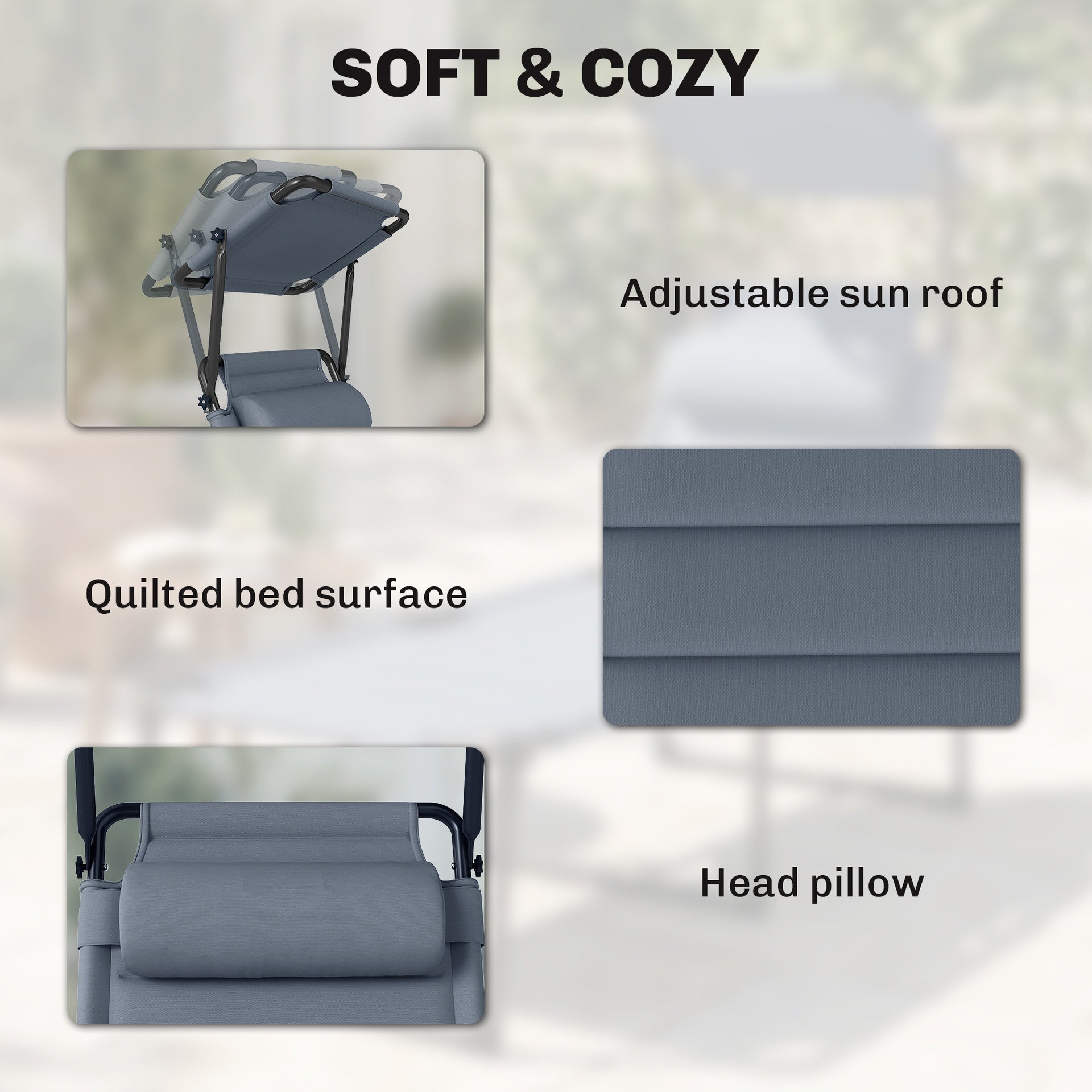 Outsunny Outdoor Lounge Chair, 4 Position Adjustable Backrest, Folding, Cushioned w/ Sun Shade Roof & Pillow, Gray