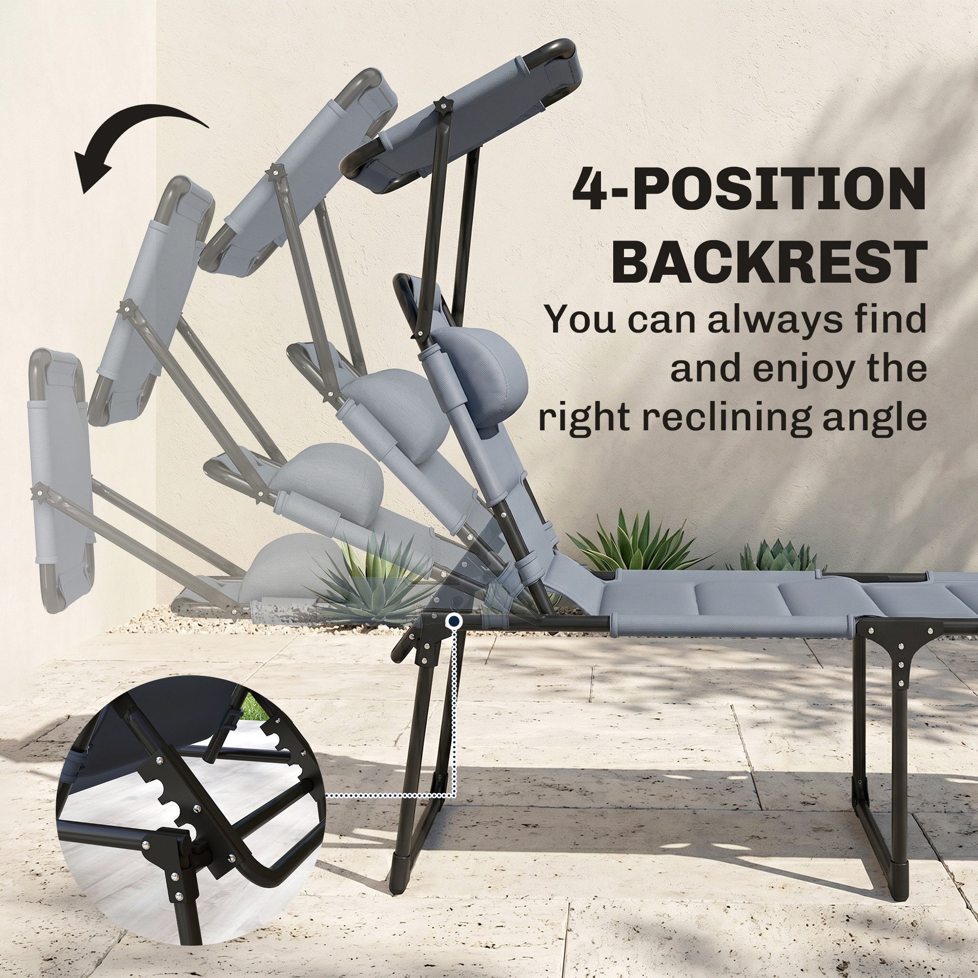 Outsunny Outdoor Lounge Chair, 4 Position Adjustable Backrest, Folding, Cushioned w/ Sun Shade Roof & Pillow, Gray