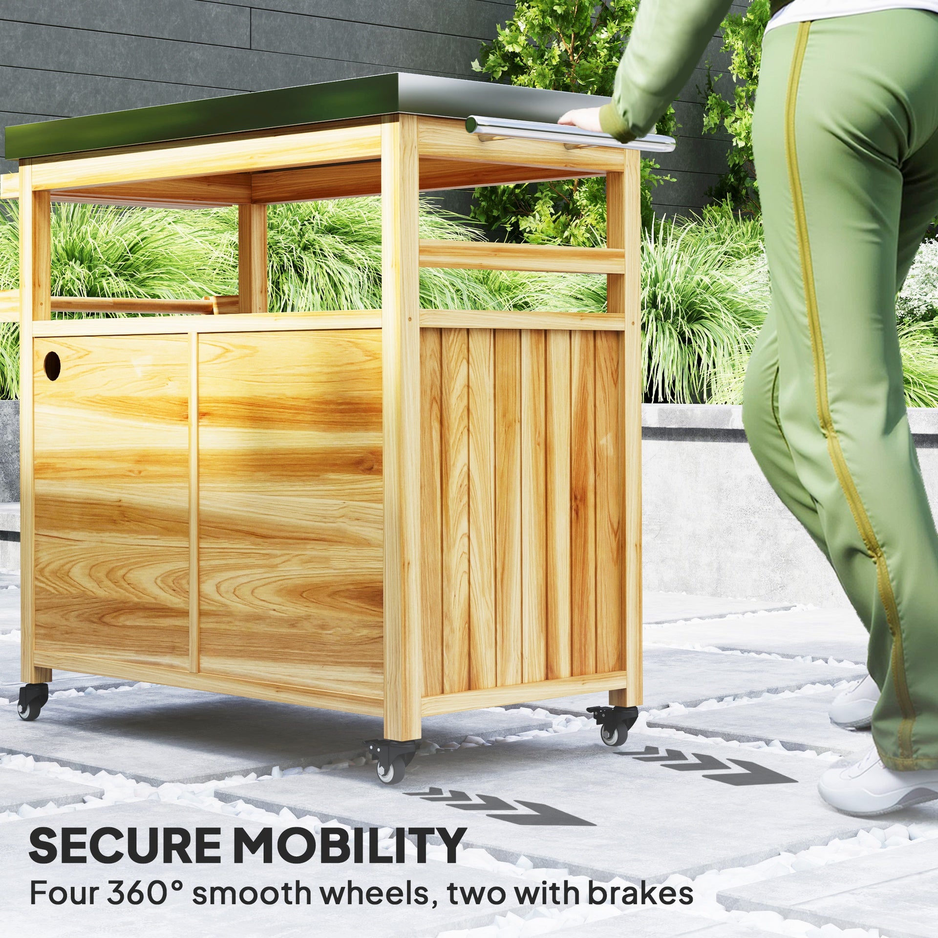 Outsunny Outdoor Grill Cart w/ Stainless Steel Top, Solid Wood Outdoor Kitchen Island w/ Wheels, Storage Cabinets, Natural Wood