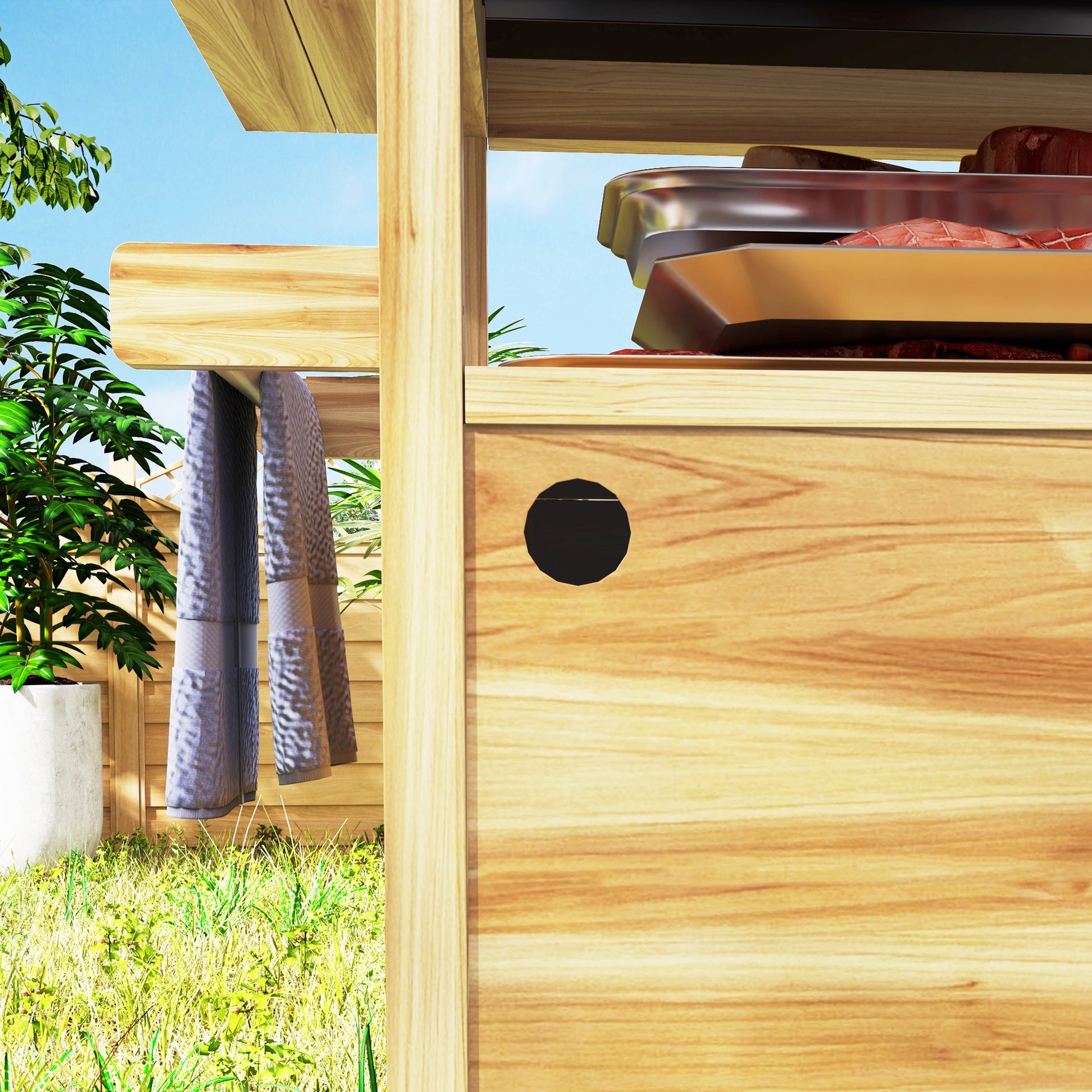 Outsunny Outdoor Grill Cart w/ Stainless Steel Top, Solid Wood Outdoor Kitchen Island w/ Wheels, Storage Cabinets, Natural Wood