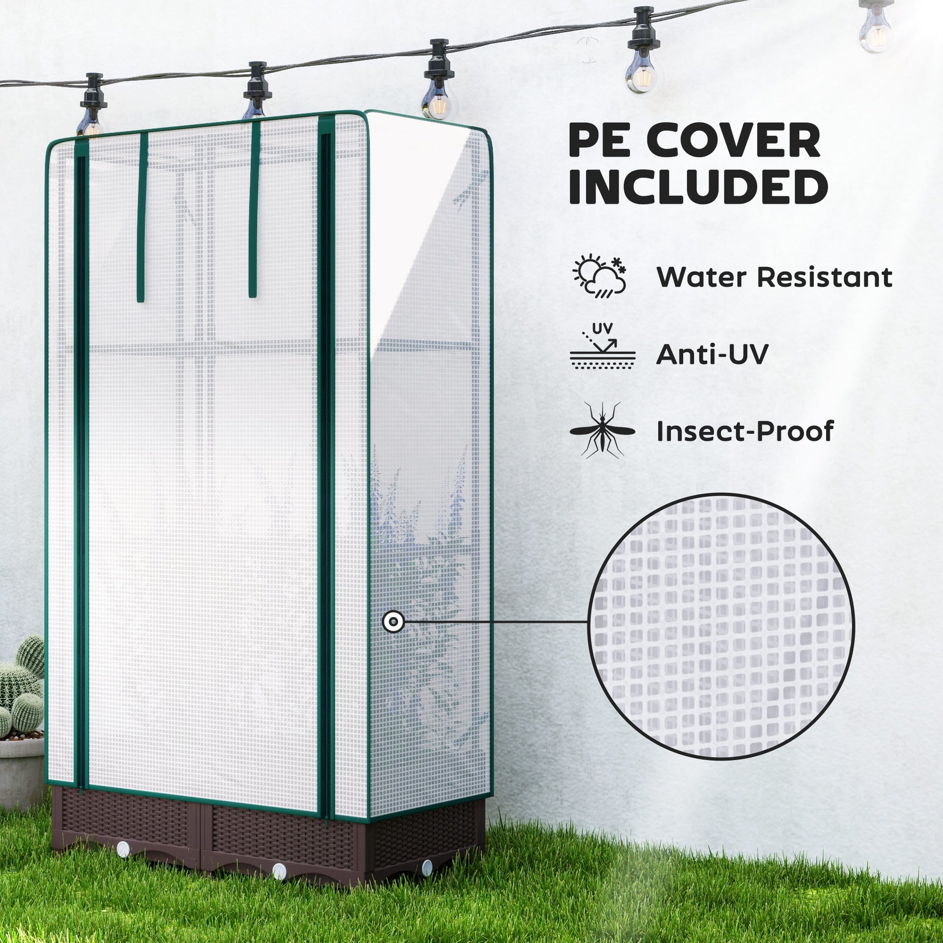 Outsunny Garden Bed with Trellis, Outdoor Plant Box with PE Cover, Drainage Holes and Zipper Door, 31.5" x 15.7" x 48.8", Brown