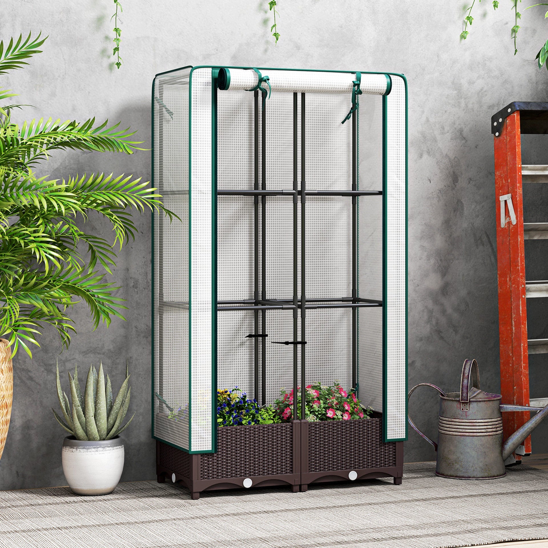 Outsunny Garden Bed with Trellis, Outdoor Plant Box with PE Cover, Drainage Holes and Zipper Door, 31.5" x 15.7" x 48.8", Brown