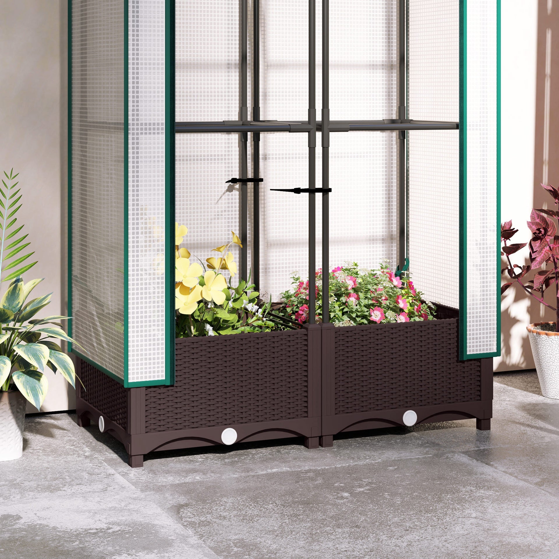 Outsunny Garden Bed with Trellis, Outdoor Plant Box with PE Cover, Drainage Holes and Zipper Door, 31.5" x 15.7" x 48.8", Brown
