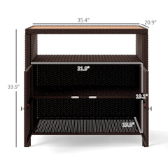 Outsunny Outdoor Storage Cabinet with Acacia Wood Top, Two Doors, Shelf, Wicker Bar Table for Pool Towel Storage, Brown