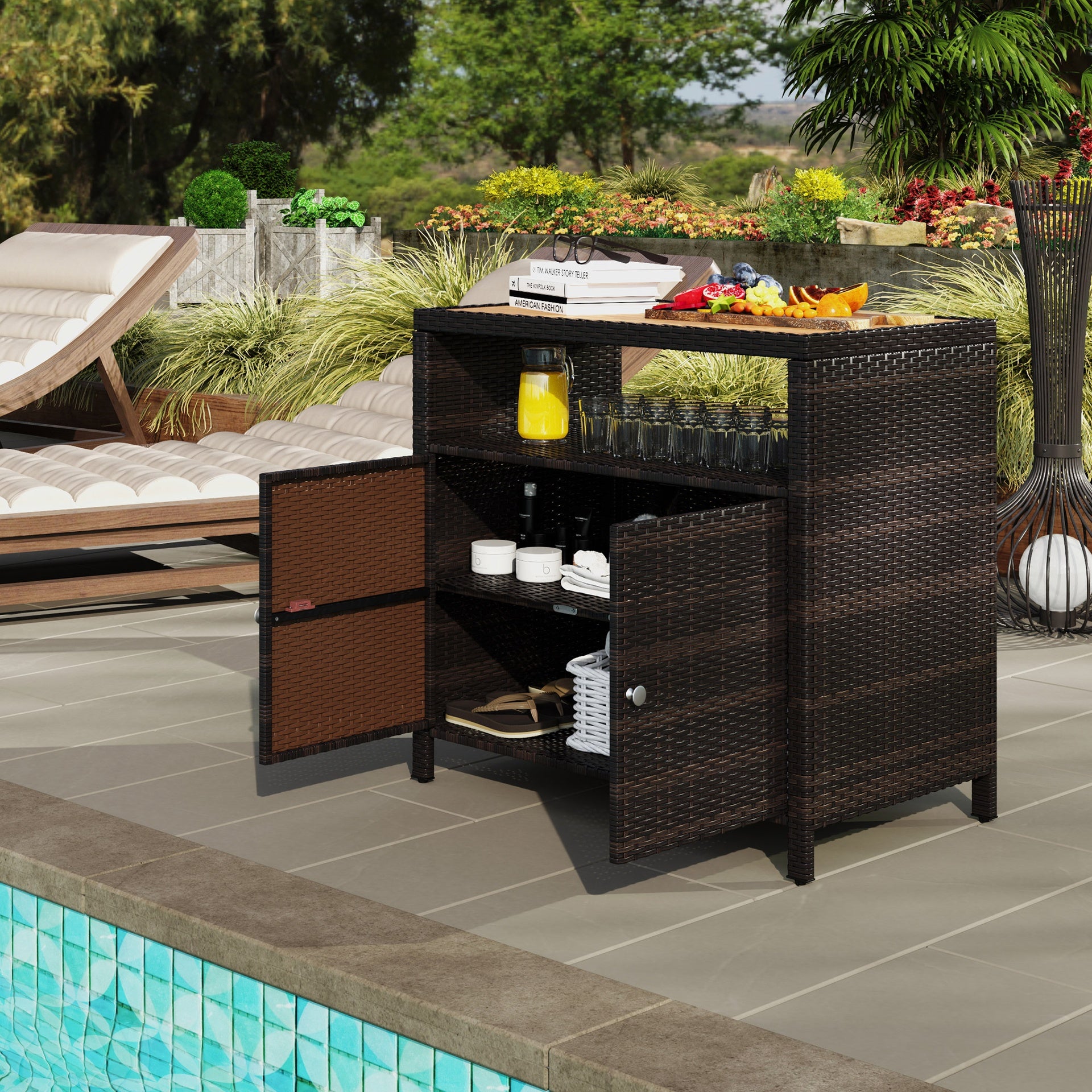 Outsunny Outdoor Storage Cabinet with Acacia Wood Top, Two Doors, Shelf, Wicker Bar Table for Pool Towel Storage, Brown